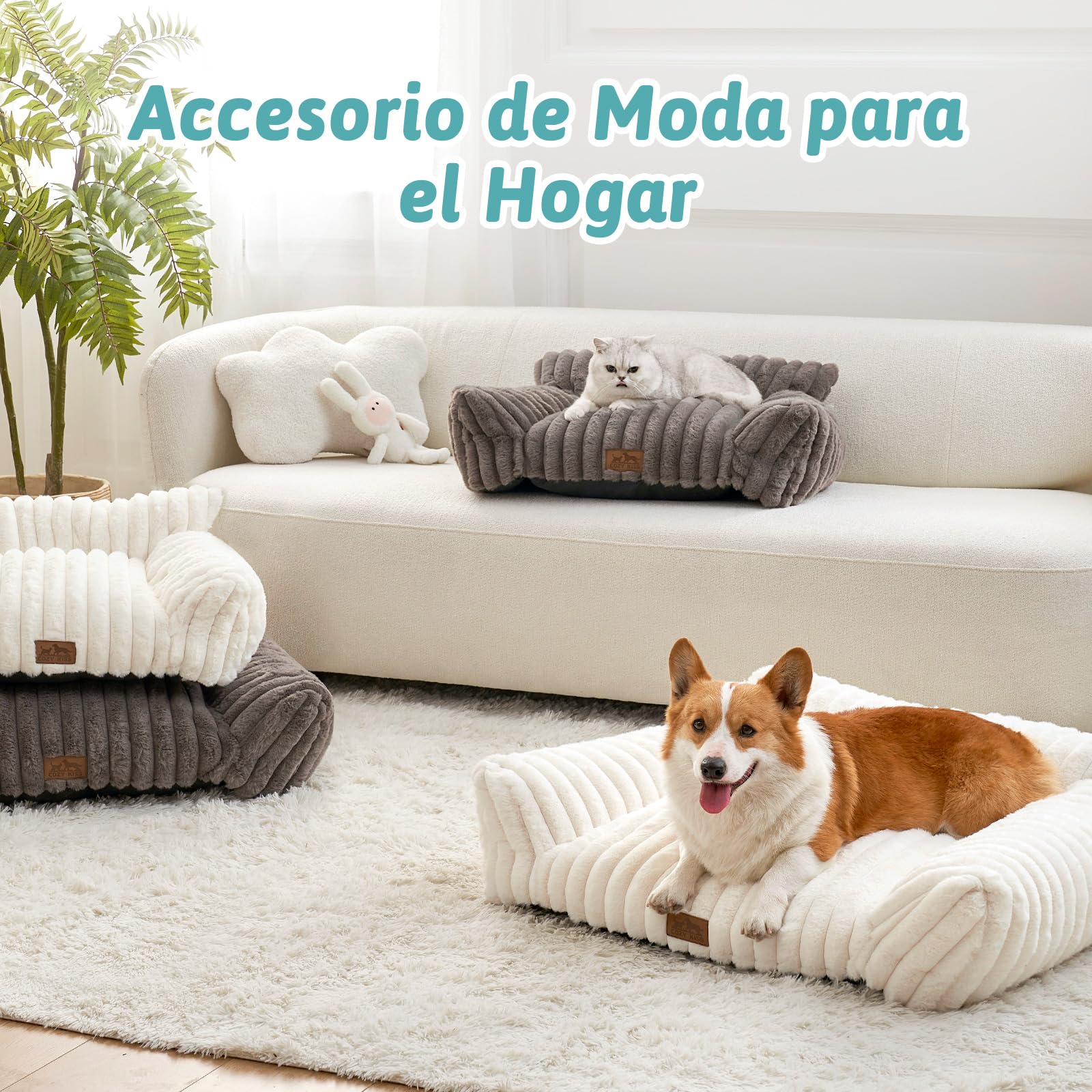 COZY KISS Cama Gato 65x44cm, Sofa Perro y Gato pequeño, Crema | Cama ortopédica para gato, soporte cabeza cuello, lavable, antideslizante, piel suave, 30cm H, Crema
