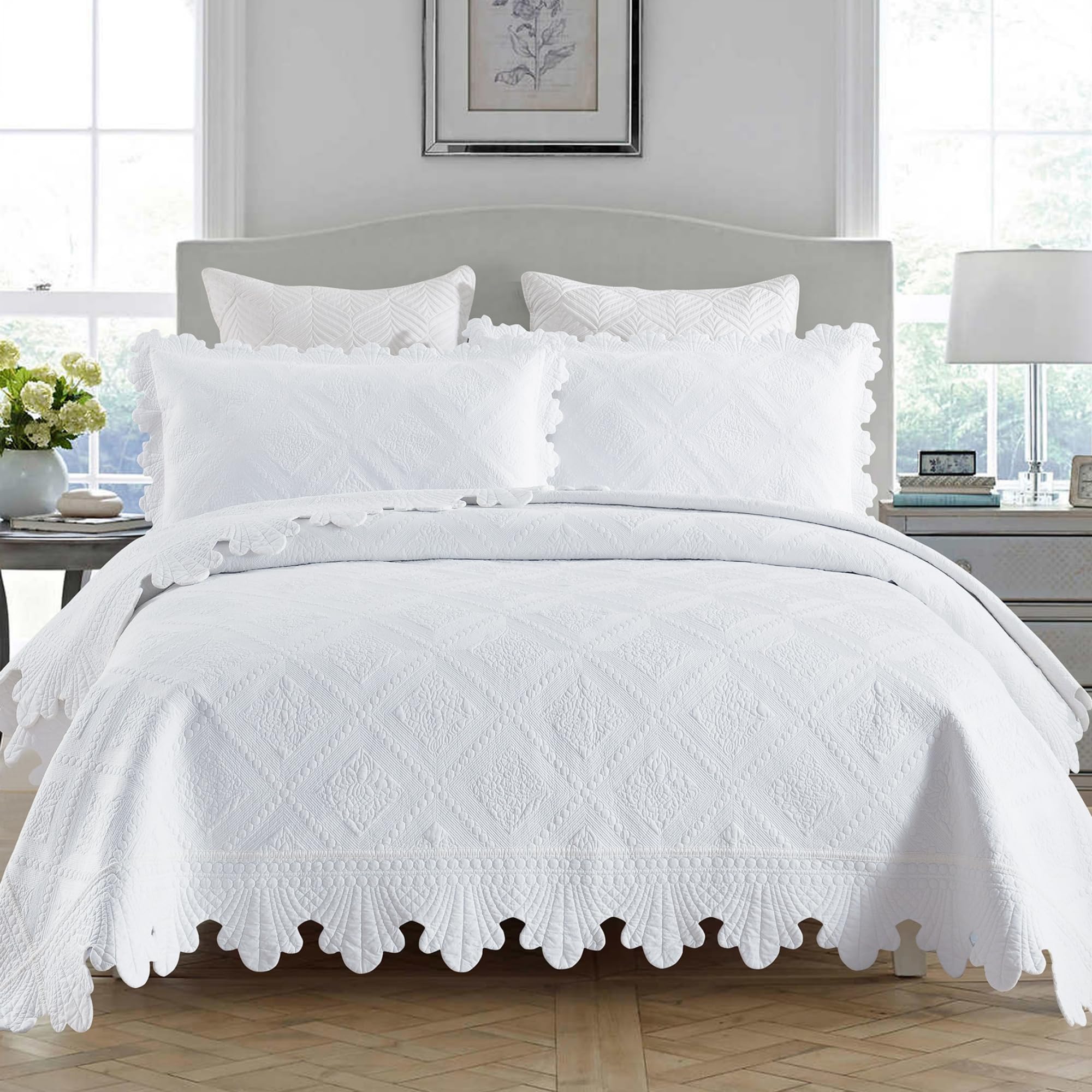 MarCielo 3-Piece 100% Cotton Oversized Bedspread Lightweight Quilt Coverlet Embroidery Farmhouse Bedding Set (TK White, Oversized King (118"x106"))
