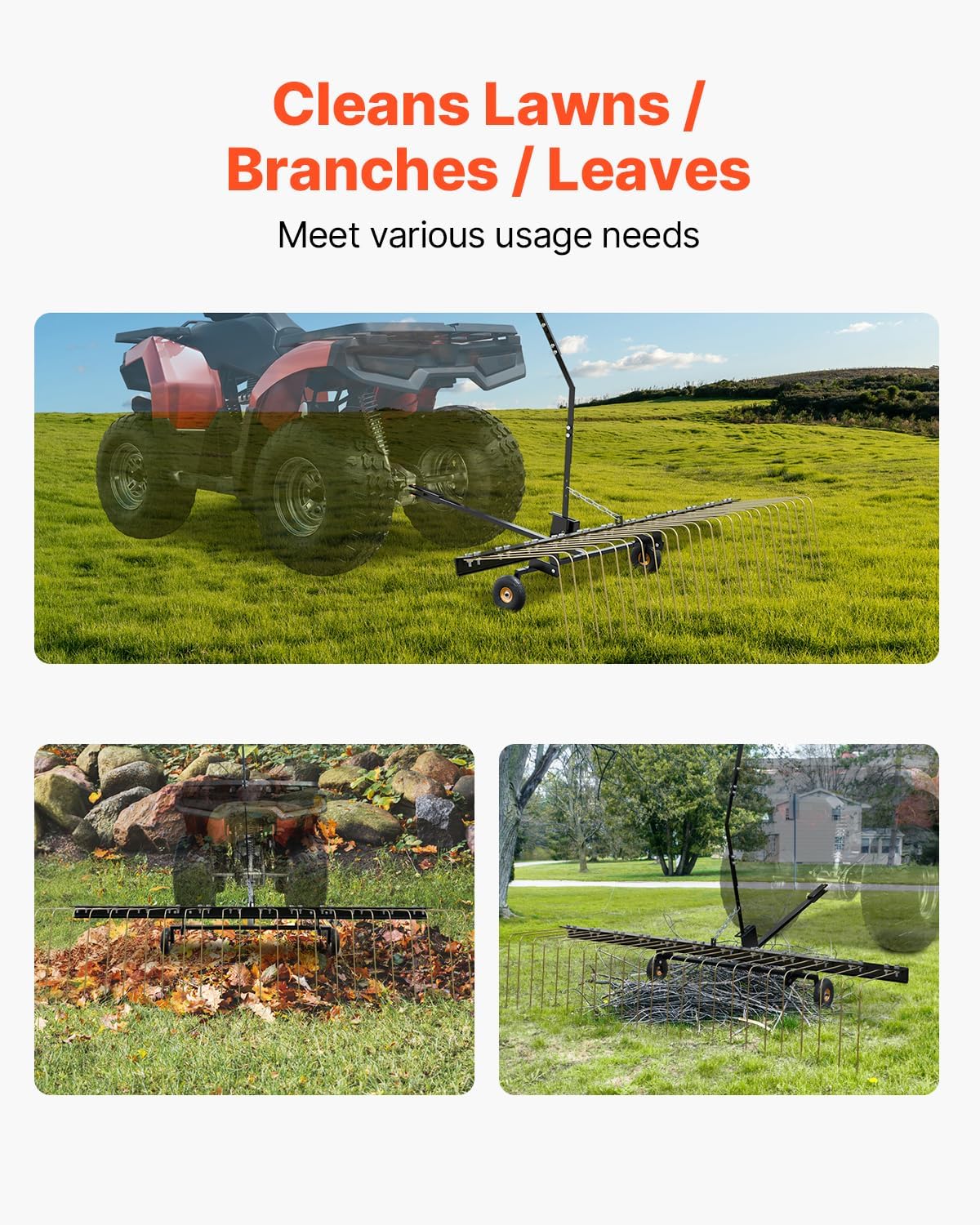 VEVOR Tow Behind Dethatcher, 60-inch Lawn Dethatcher Rake with 24 Steel Tines for ATV or Mower, Heavy Duty Q235 Steel Tow Behind Lawn Rake with Lift Handle for Farm Leaves, Pine Needles, and Grass