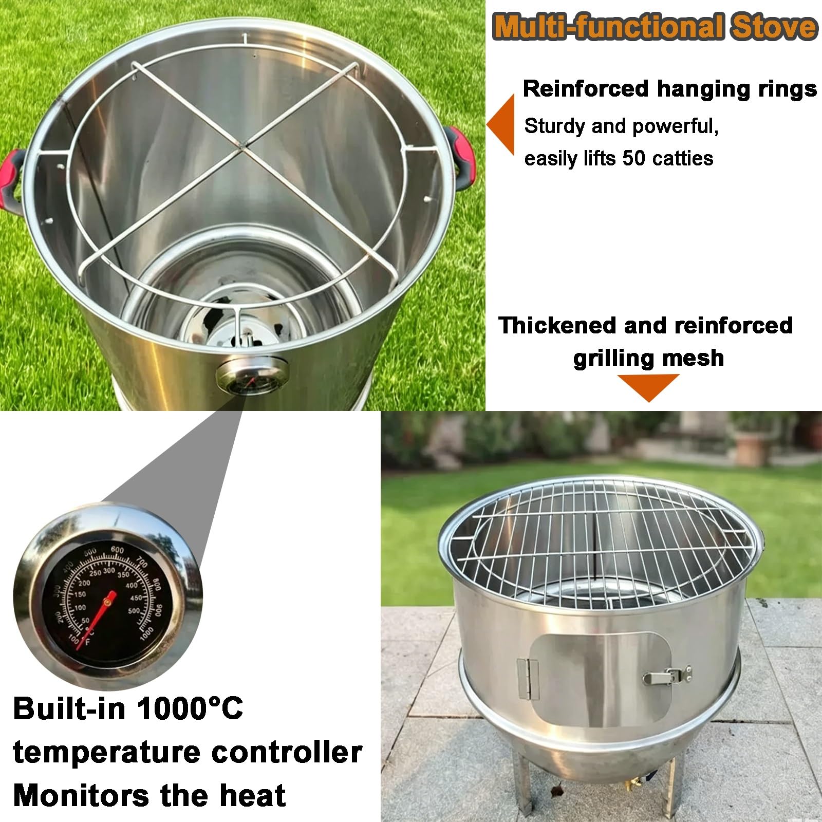 Grill Beczkowy z Termometrem Równomierne Ogrzewanie 360°, Wędzarnia Stali Nierdzewnej z Różnymi Akcesoriami Oddzielenie Oleju od Węgla do Mięsa, Ryb, Serów
