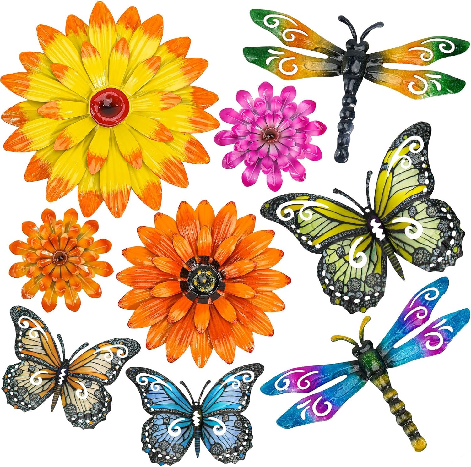 Orgthin 9 Pack 9.9" Metal Butterfly Dragonfly Flower Wall Decor, Fence Wall Art Decor, Hanging Decoration for Garden Yard Living Room Bedroom Patio Balcony