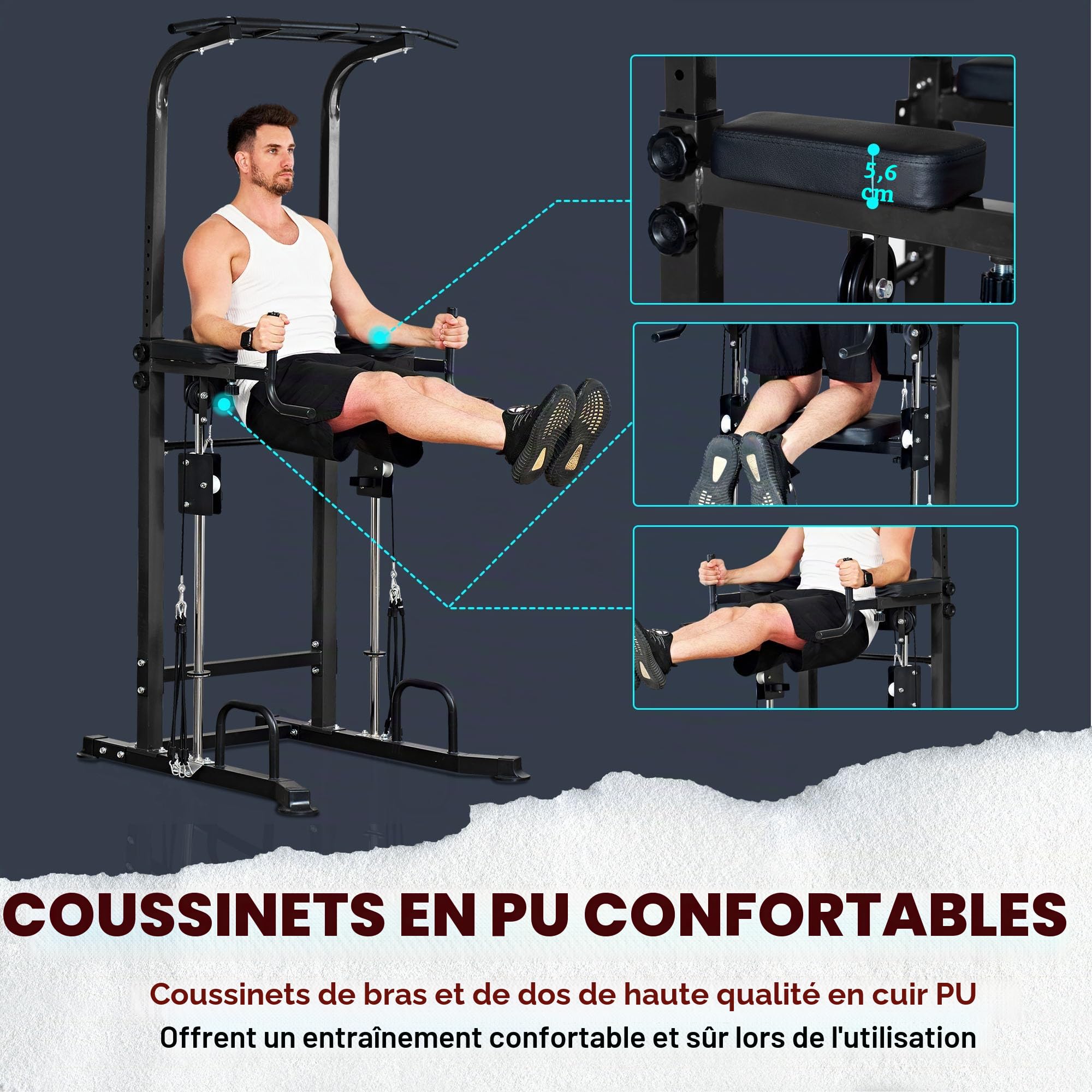Power Tower Station de barre de traction réglable à 10 vitesses, station de musculation multifonction pour salle de sport à domicile, avec coussinet d'entraînement assisté et base
