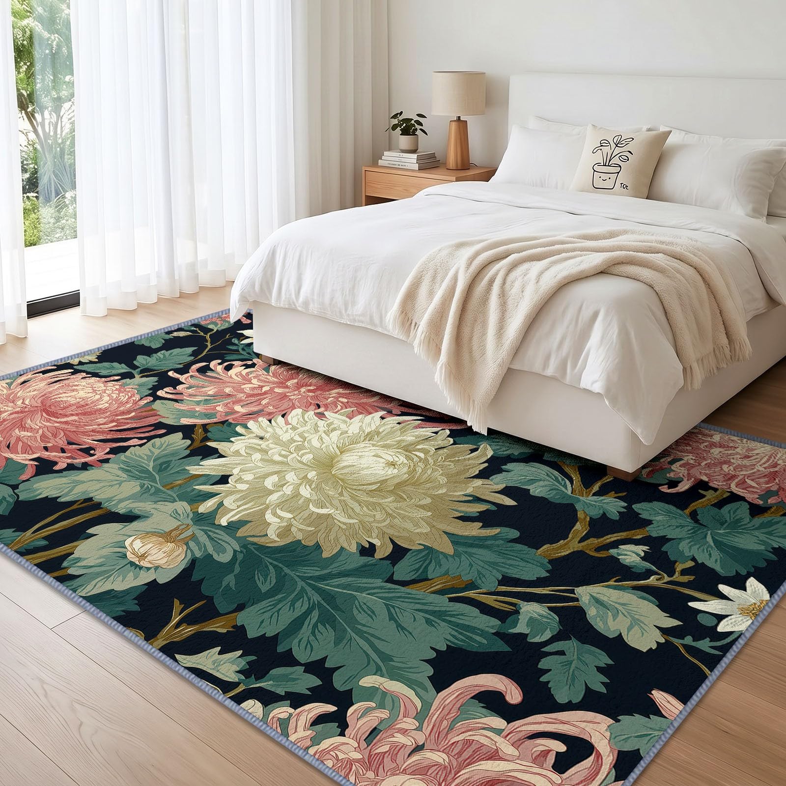 Generisch Chrysantheme Dahlie Kurzflor Teppich 240 x 300 cmweich pflegeleicht, Klassisch Handwerk Pflanze Waschbarer Teppich rutschfest Kurzflorig Weich für Wohnzimmer Schlafzimmer Esszimmer