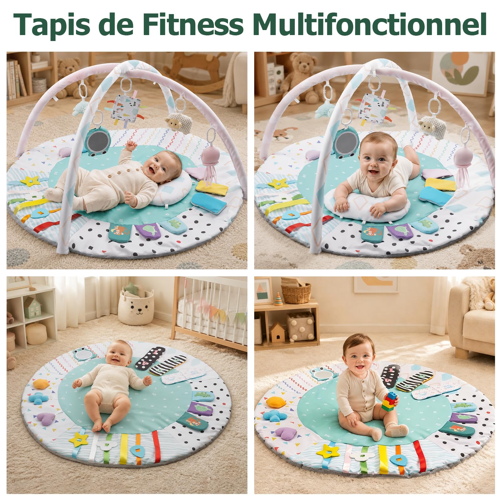 JiGiU Tapis d'Éveil Bébé 95x95cm avec Arche, Tapis de Gym pour Bébé | 5 jouets sensoriels détachables et petit coussin, montage 1min pliable transportable, adapté 0-18 mois pour éveil