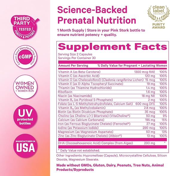 Pink Stork Total Prenatal + DHA, Vegan, No Fishy Burps, 60 Ct, Berry | Methylfolate, Vegan DHA, Non-Constipating Iron, Choline, Vitamin B12 | Clean Label Award, Gentle Stomach Formula, Made in USA