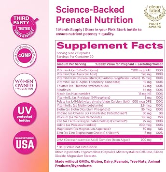 Pink Stork Total Prenatal + DHA, Vegan, No Fishy Burps, 60 Ct, Berry | Methylfolate, Vegan DHA, Non-Constipating Iron, Choline, Vitamin B12 | Clean Label Award, Gentle Stomach Formula, Made in USA