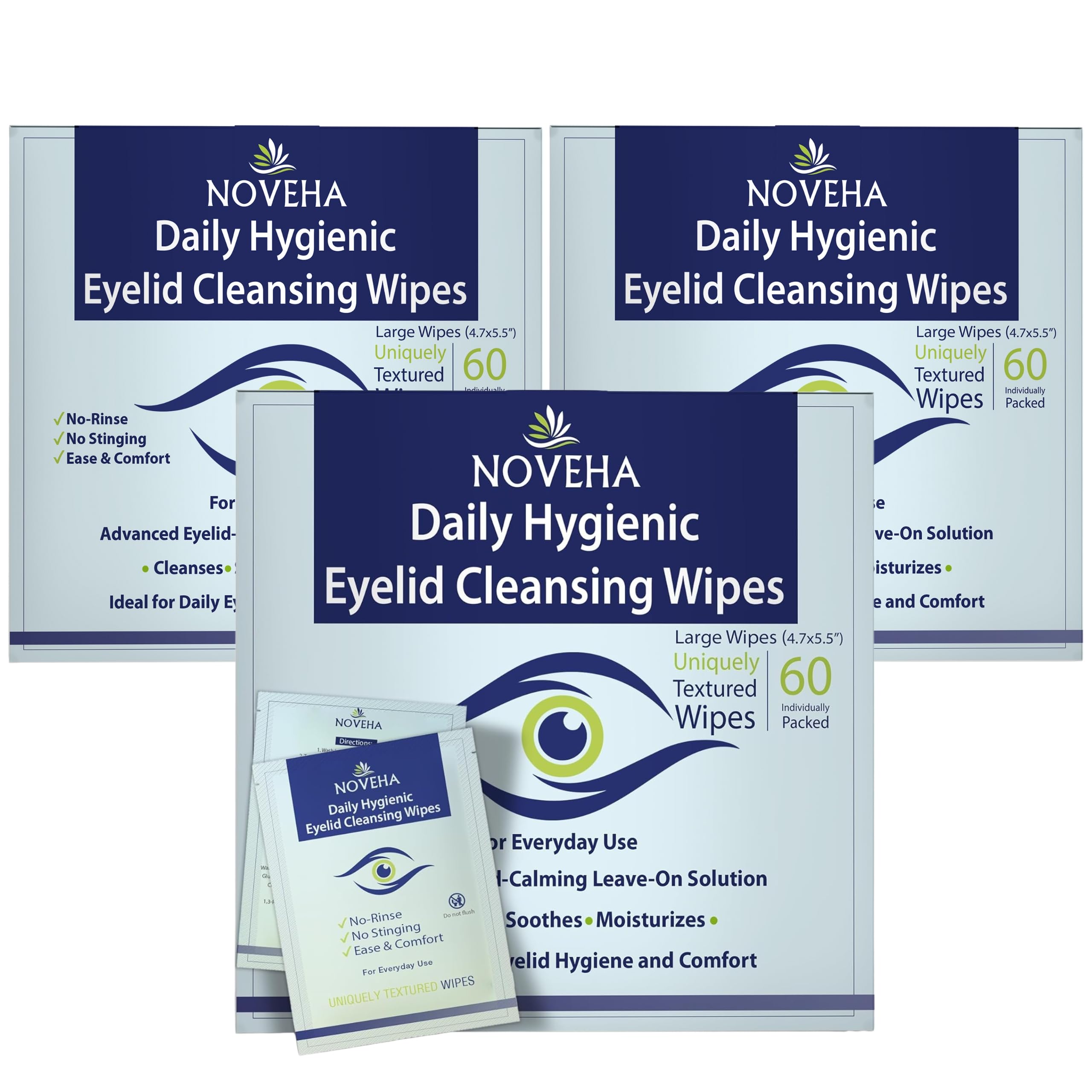 NOVEHA 180Pcs Daily Hygienic Eyelid Lash Wipes 120 Individually Wrapped Cleansing Eyelash Wipes - For Blepharitis Itchy Eyes