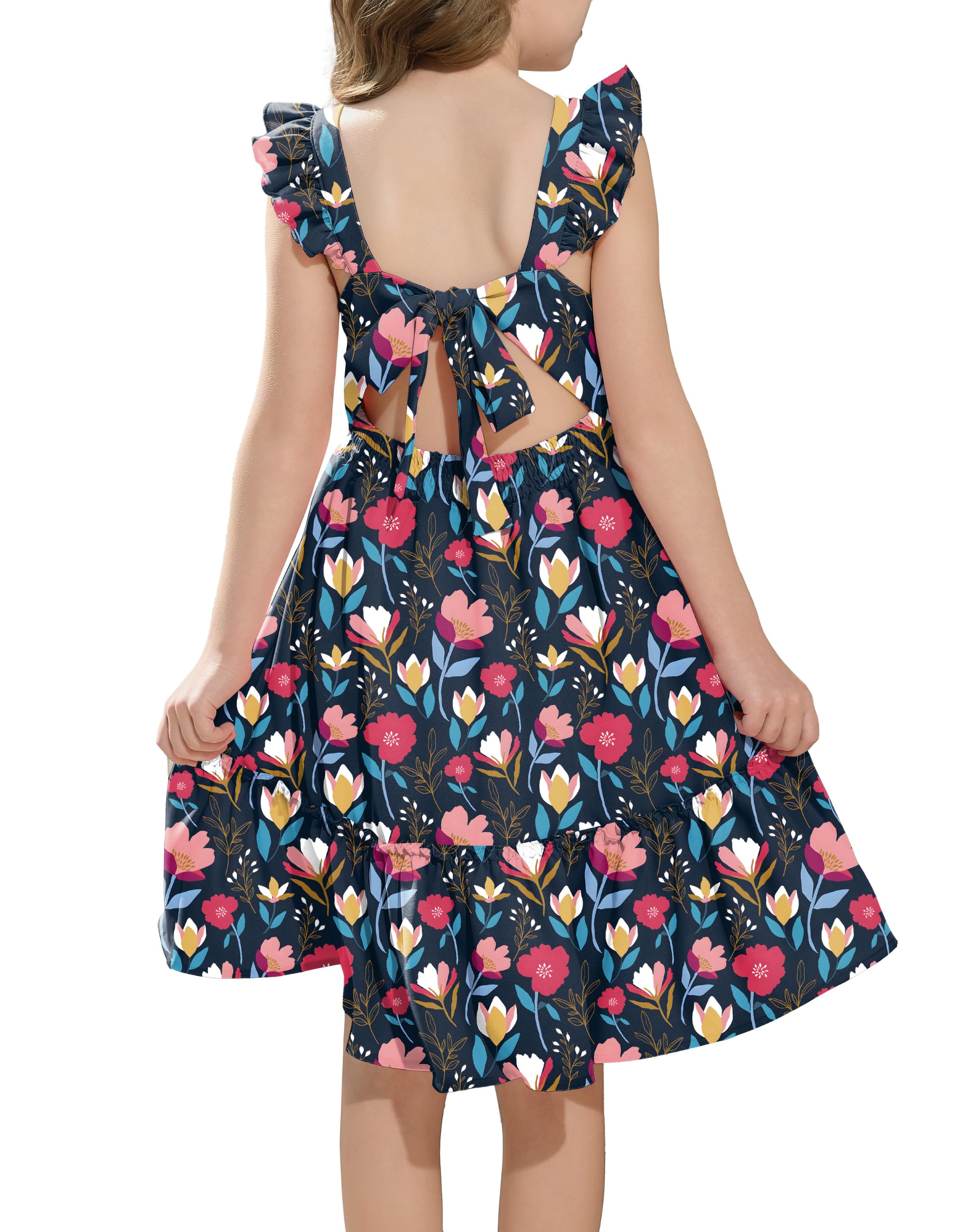 Seanrui Girls Floral Dress Tie Back Flutter Sleeves Dresses Summer Casual A-Line Dress for 5-12Y