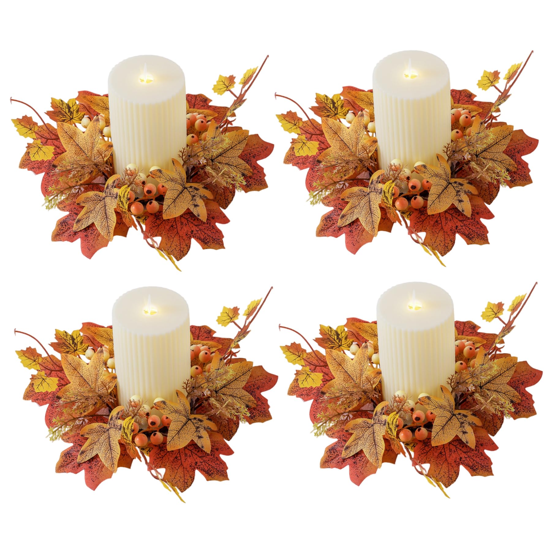 Ameble 4Pcs Candle Rings Wreaths Lifelike Elegant Leaves Fall Candle Rings Small Fall Wreath for Farmhouse Thanksgiving Halloween Wedding Centerpiece Table Halloween