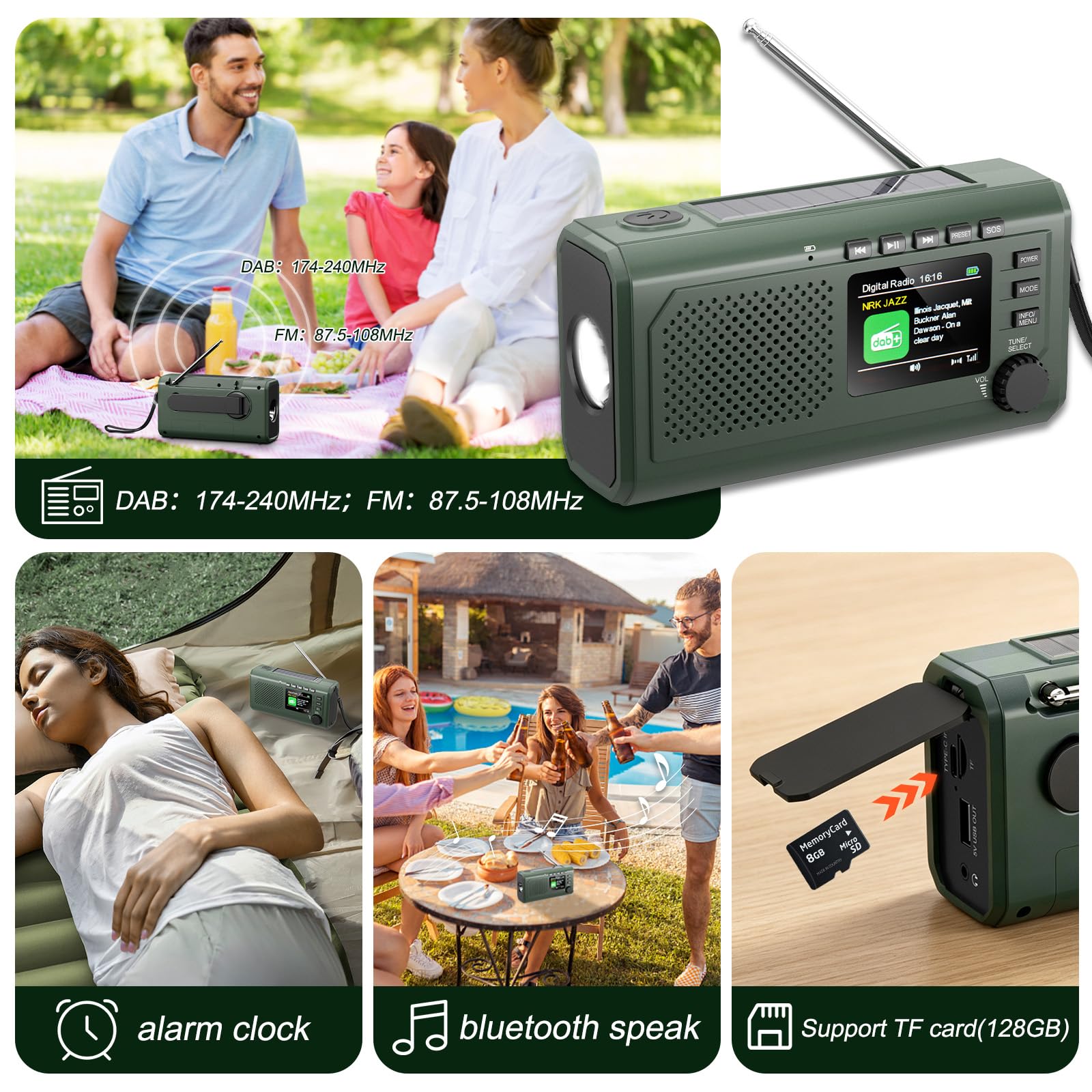 Radio di emergenza DAB+/FM con manovella, ricarica solare e USB, Bluetooth 5.3, radio a manovella con power bank, allarme SOS, display TFT, lampada da lettura, sveglia, scheda TF per esterni