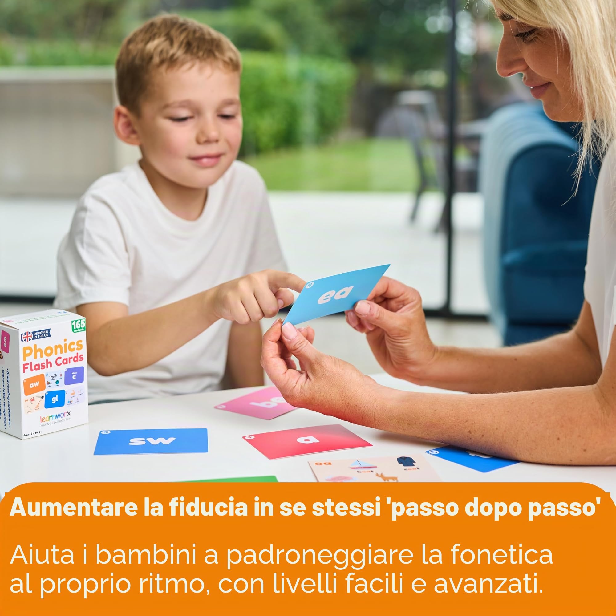 Phonics - Schede flash per bambini dai 3 anni in su, 165 carte didattiche su entrambi i lati, lettere, digrafi, trigrafi, miscele e parole difficili, giochi colorati per la lettura precoce e
