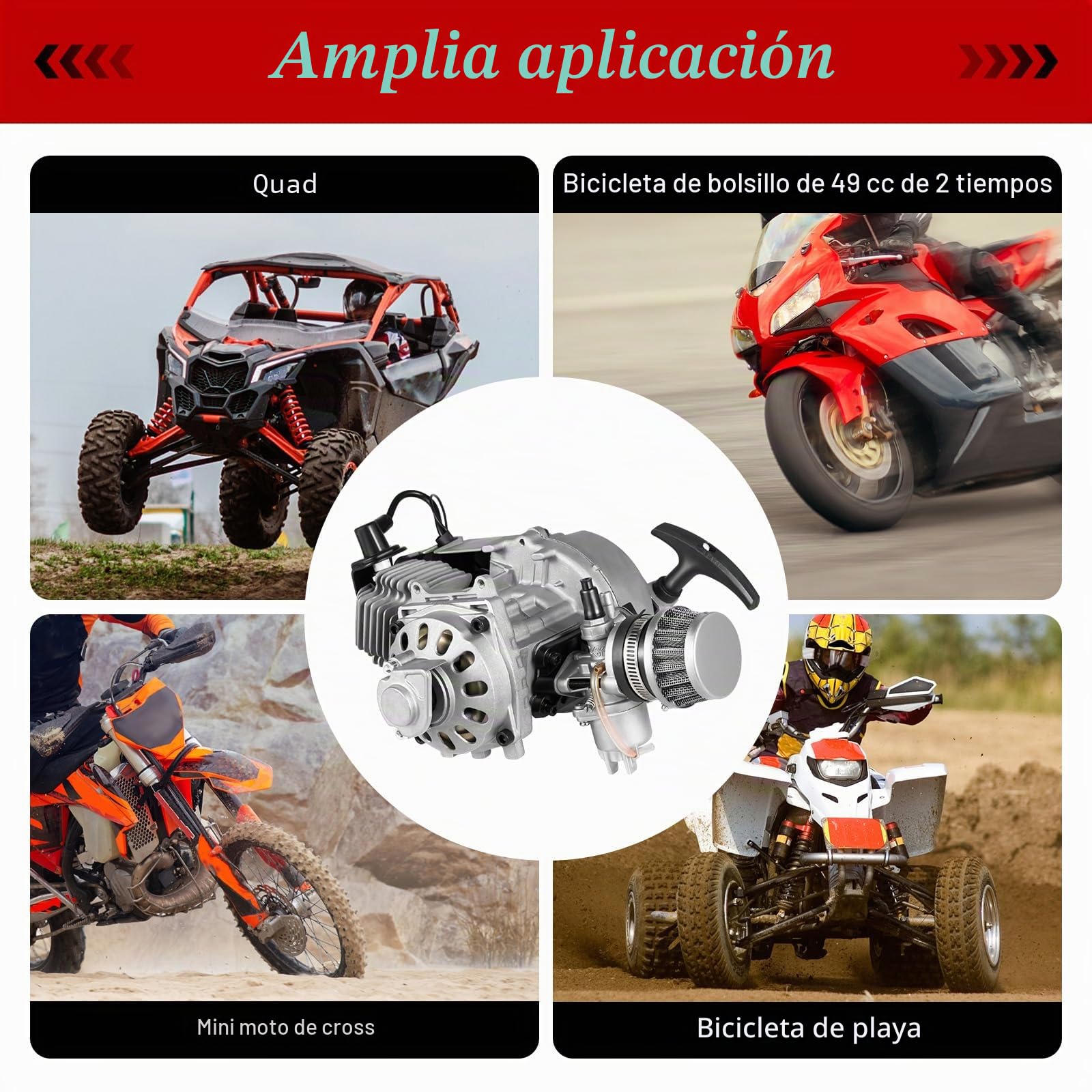 Motor Minimoto 49cc, 1,9 kW/7000rpm Minimoto Gasolina, 49,85cc Mini Moto Gasolina, 2 Tiempos Moto 49cc, 3CV Motor de Gasolina de 1,2 Litros, Capacidad de Carga de 180kg