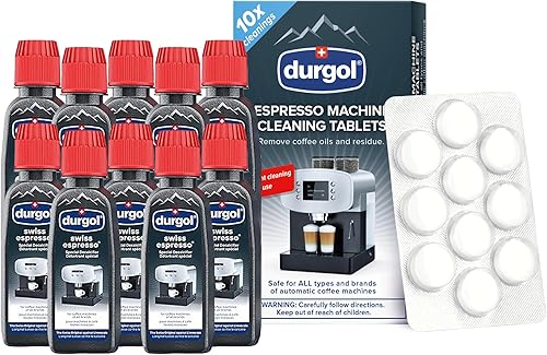 Durgol Espresso suizo, descalcificador y descalcificador para máquinas de café y cafeteras, 4.2 onzas líquidas (paquete de 10) tabletas de limpieza