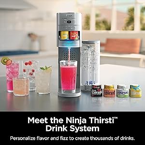 Ninja Thirsti Drink System, Soda Maker, Create Unique Sparkling & Still Drinks, Personalize Size & Flavor, Carbonated Water Machine, 60L CO2 Cylinder & Variety of Flavored Water Drops, Gray WC999AMZ