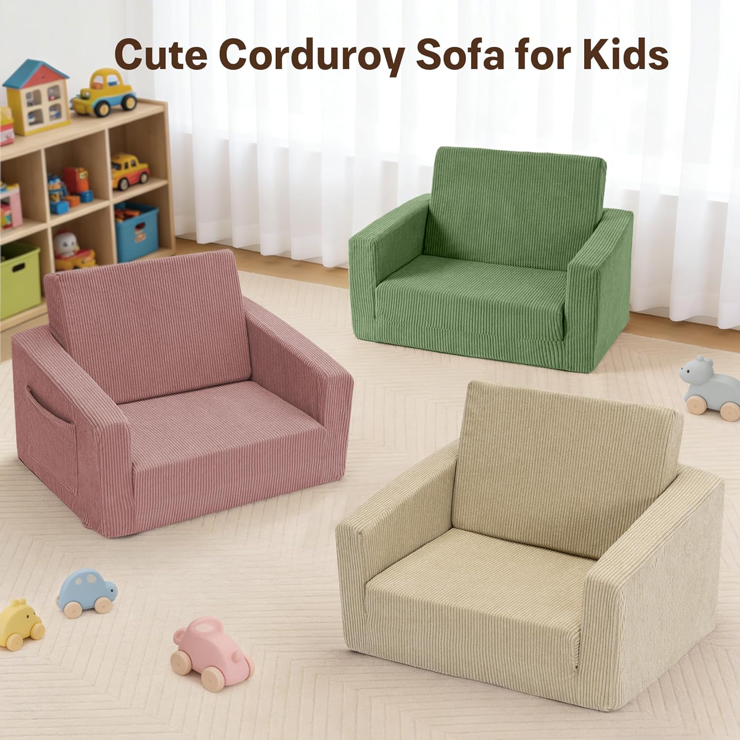 Bubble Ball Comfy Toddler Chair and Couch for Kids, 2-in-1 Convertible Kids Sofa, Fold Out Toddler Sofa to Lounger, Soft Cozy Kid Couch for Boys & Girls 1-3 Years Old, Green
