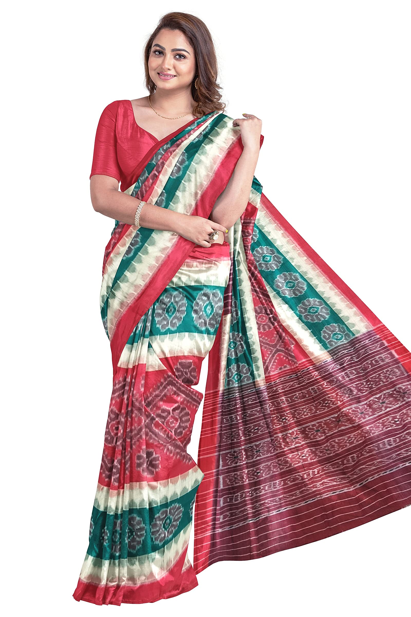BHSWomen's Sambalpuri Cotton Saree (Nuapatanapata_Red Green)
