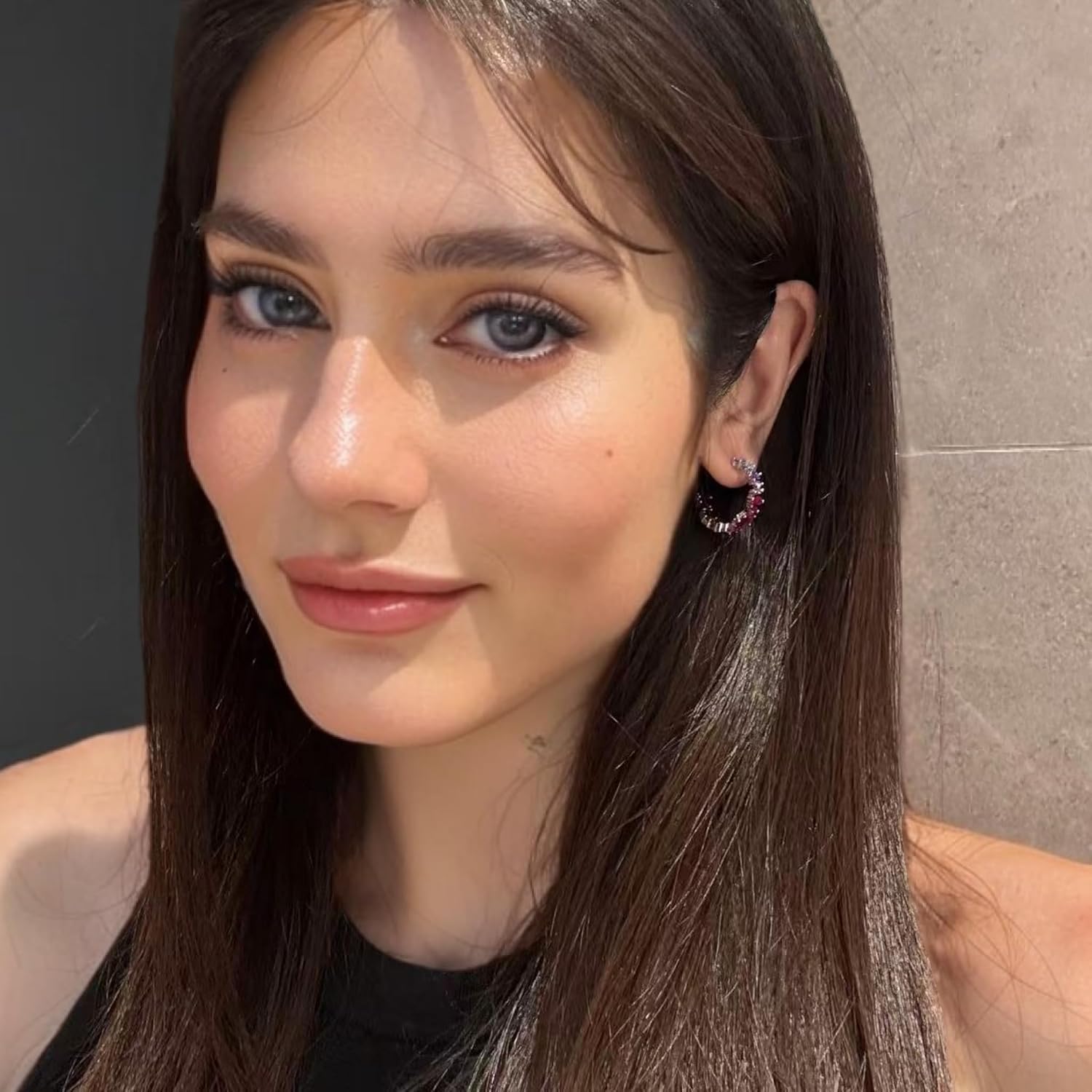 RIZILIA 18K White Gold Plated Hoop Earrings for Women, Baguette Cut Multi Colors CZ Simulated Sapphire, Gemstone Colorful Hoop Earrings, Trendy Jewelry Gift for Women, 22mm - Image 2