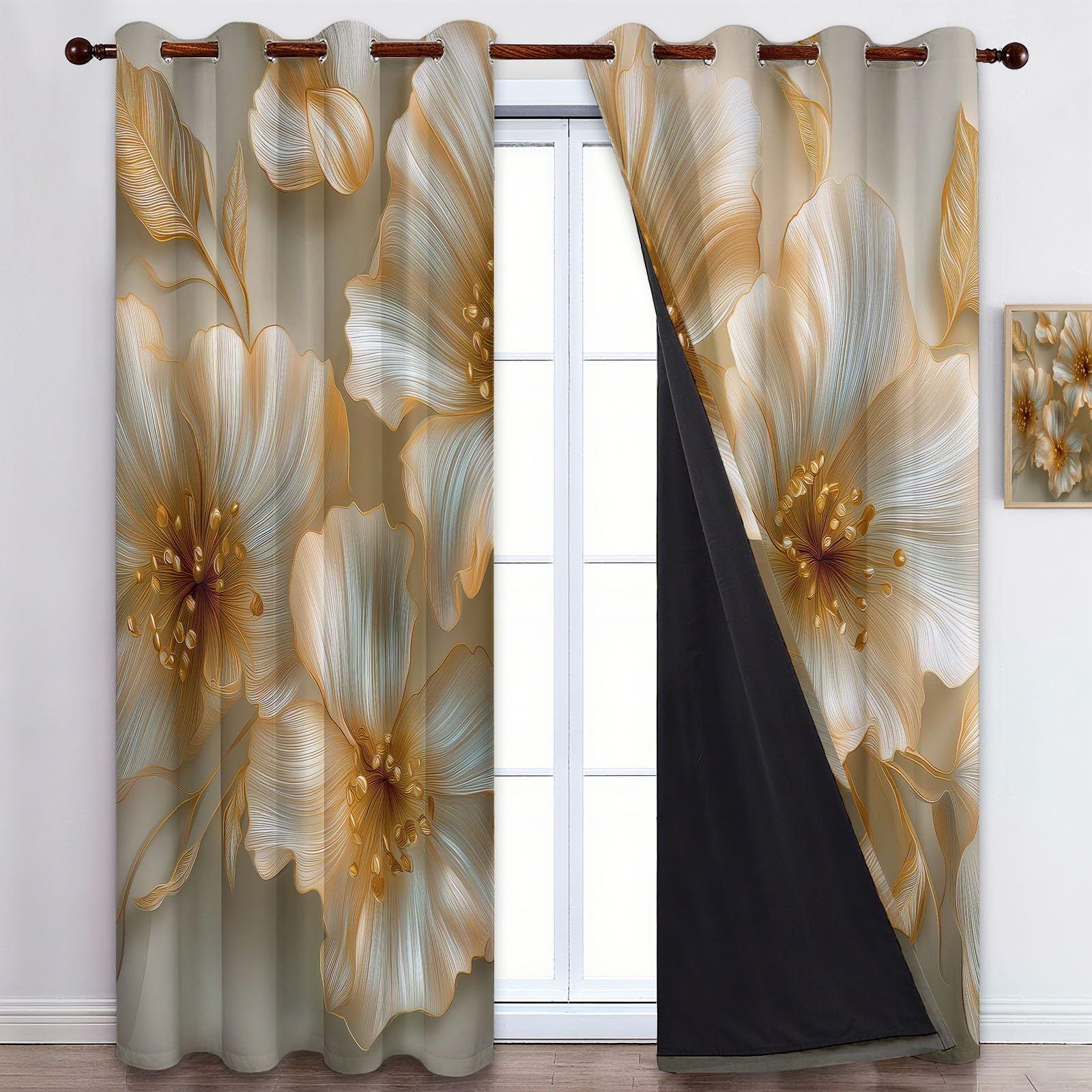 3D Floral Texture Art Blackout Curtains Eyelets Anti Light Curtain Blackout Curtain Thermal Insulated Curtains, For Living Room Bedroom, 2 Pieces, 117x229cm, Cream