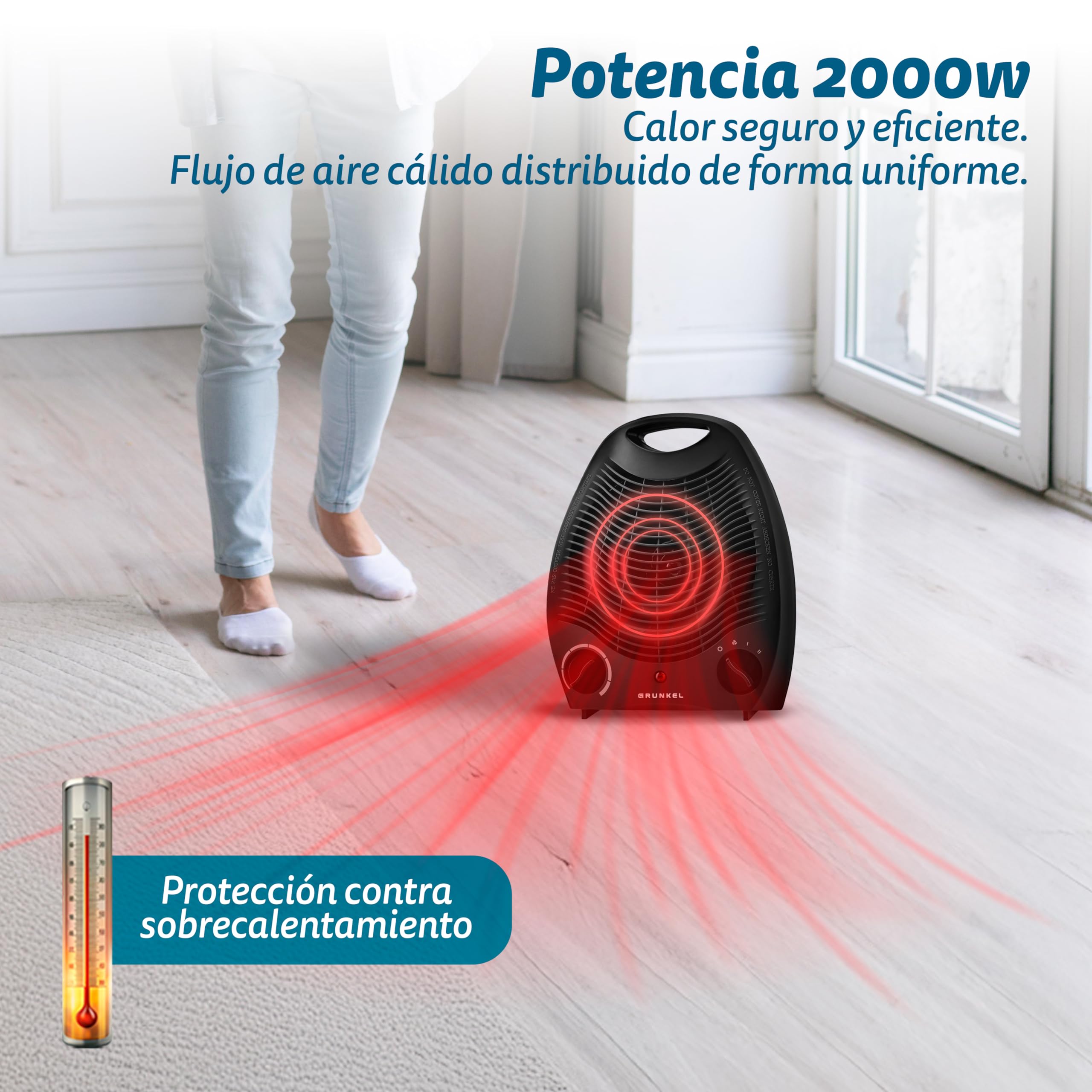 Calefactor de baño Grunkel de bajo consumo, hasta 2000W, 3 modos, 2 niveles de potencia, antivuelco y sistema de protección contra el sobrecalentamiento. Ligero y cable de 1m.