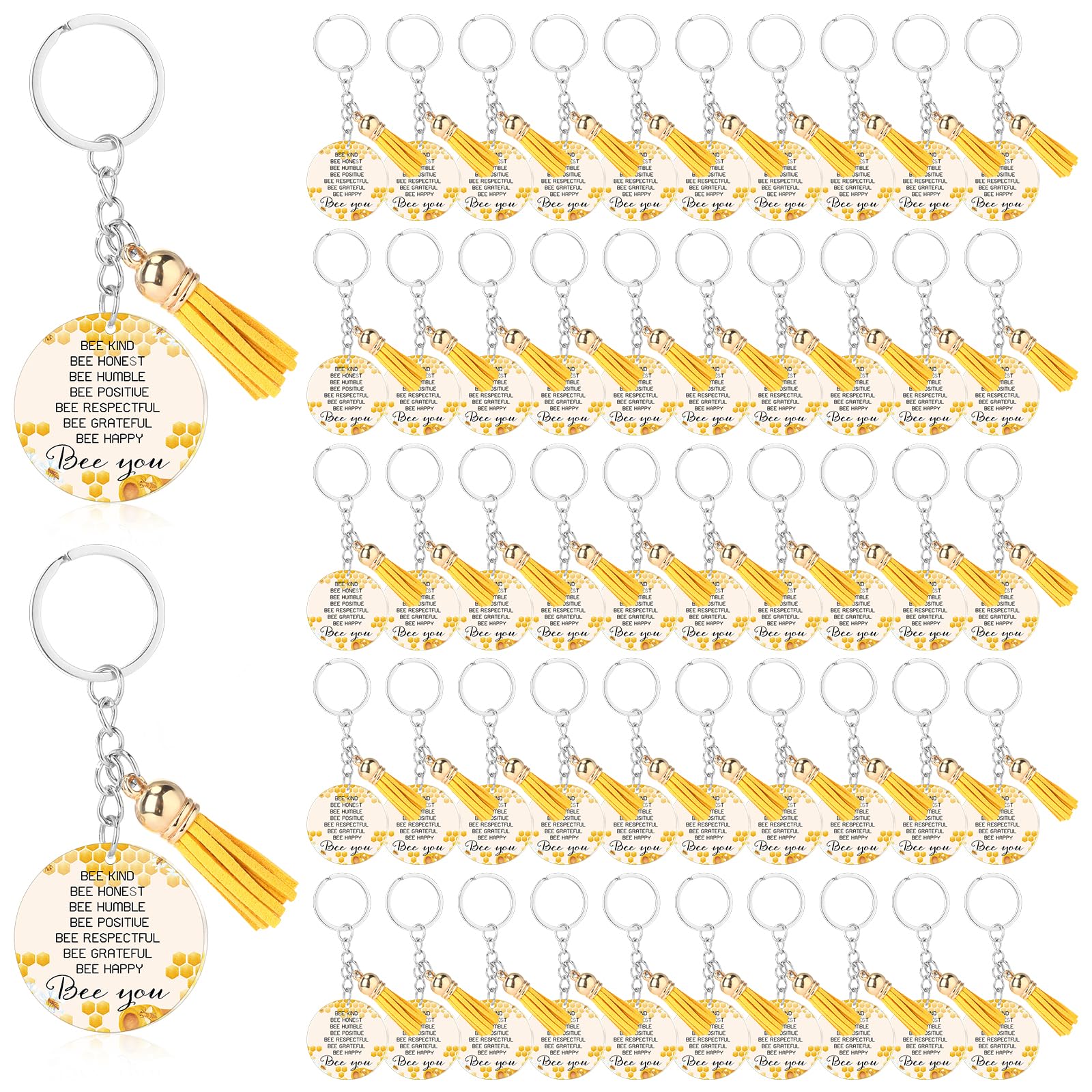 Landical 50 Pcs Bee Keychain Back to School Gift Bulk, Round | Bee Party Favor, Inspirational Honey Keychain, Keyring Gift for Student Teacher Women