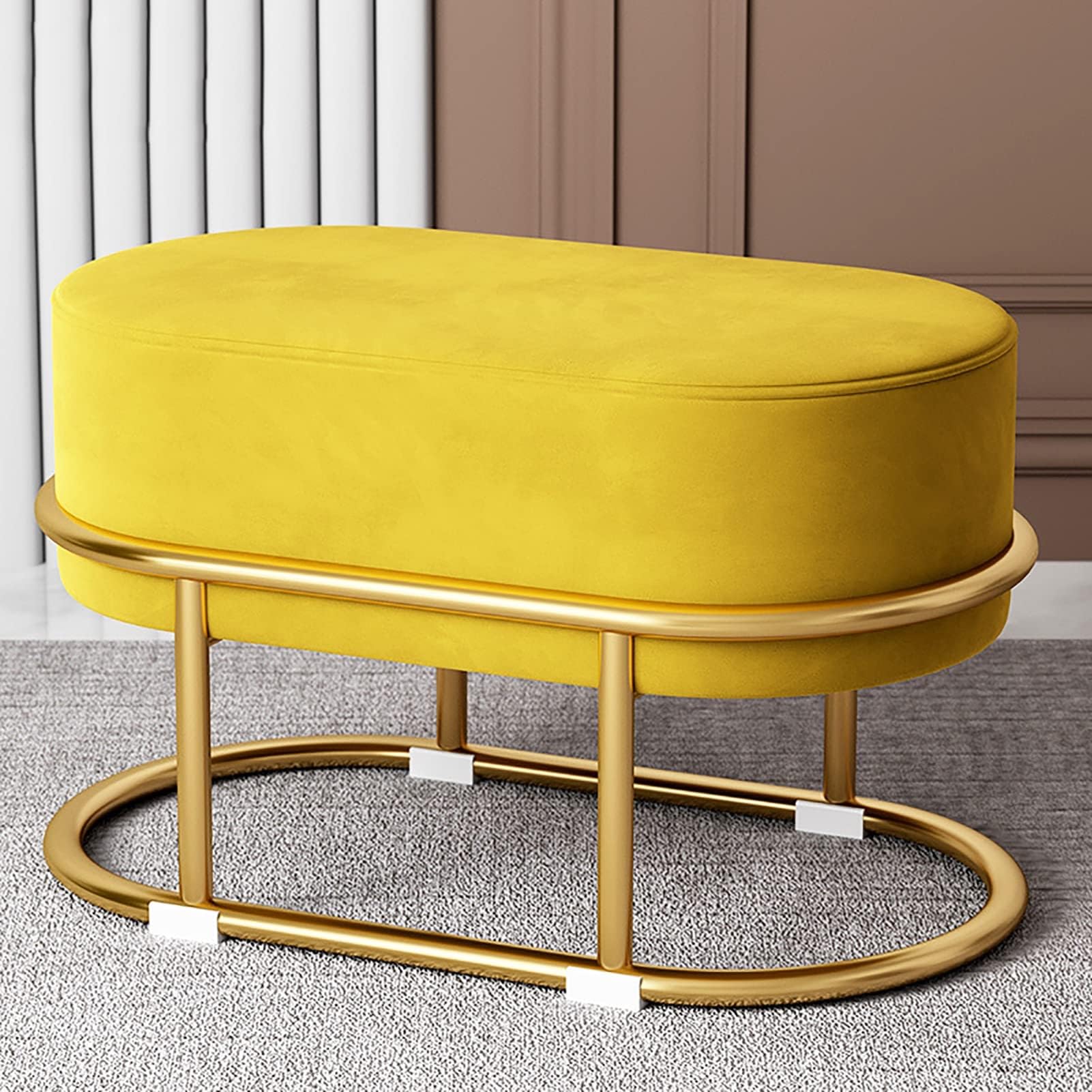 PeKmaR Modern Velvet Ottoman Vanity Stool Small Foot Rest for Living Room, Makeup Stool with Gold Metal Legs Upholstered Cozy Vanity Chair for Makeup Room,Yellow