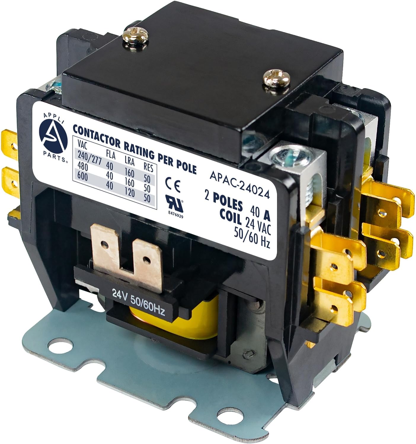 Appli Parts APAC-24024 Heavy Duty Contactor 2 Poles 40A 24V Coil Replacement for AC Compressors and Electrical Applications UL Certified E476929