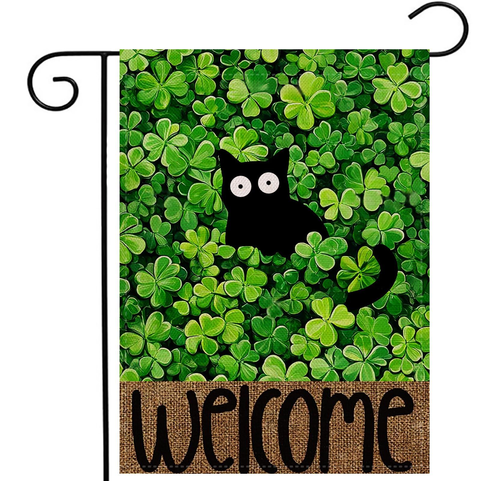 Welcome Shramrock Cat Garden Flag 12.5x18 Inch Double Sided Outside, St Patricks Day Clover Holiday Yard Outdoor Decoration