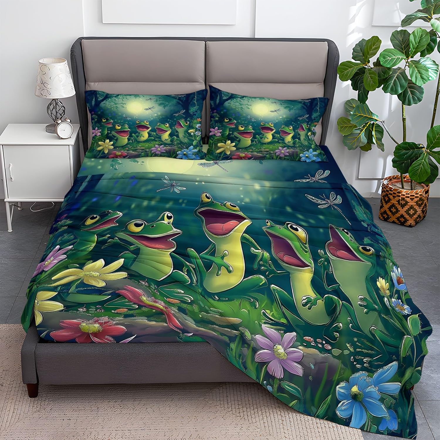 Fitted Sheet Cute Jungle Frog Printed 3-Piece Extra Soft Bedding Sheets & Pillowcase Set Twin XL Deep Pocket up to 16 inch Mattress Green