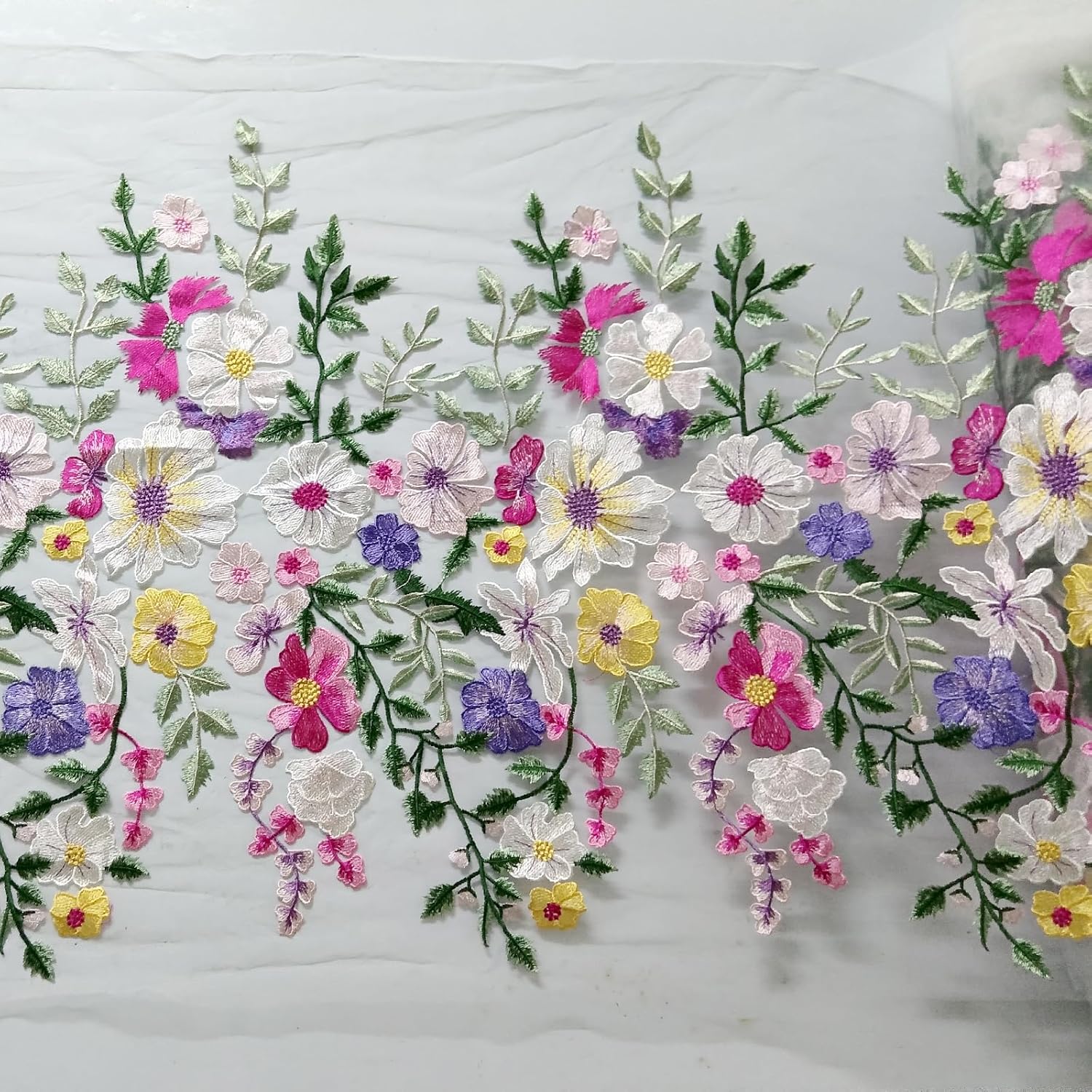 65CM Extra Wide White Embroidered Colorful Flowers Lace Trim, Handmake lace Fabric Part of Dress Home Party Sewing on Applique Patches for DIY Decoration (White 1 Yard)