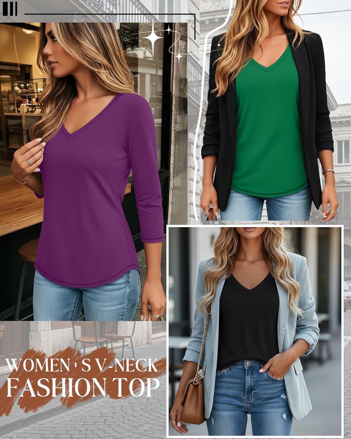 Ficerd 3 Pack Women's 3/4 Length Sleeve T Shirts, V Neck Tops Loose Fit Blouses Casual Tees 2026 Fashion Clothes - Image 2