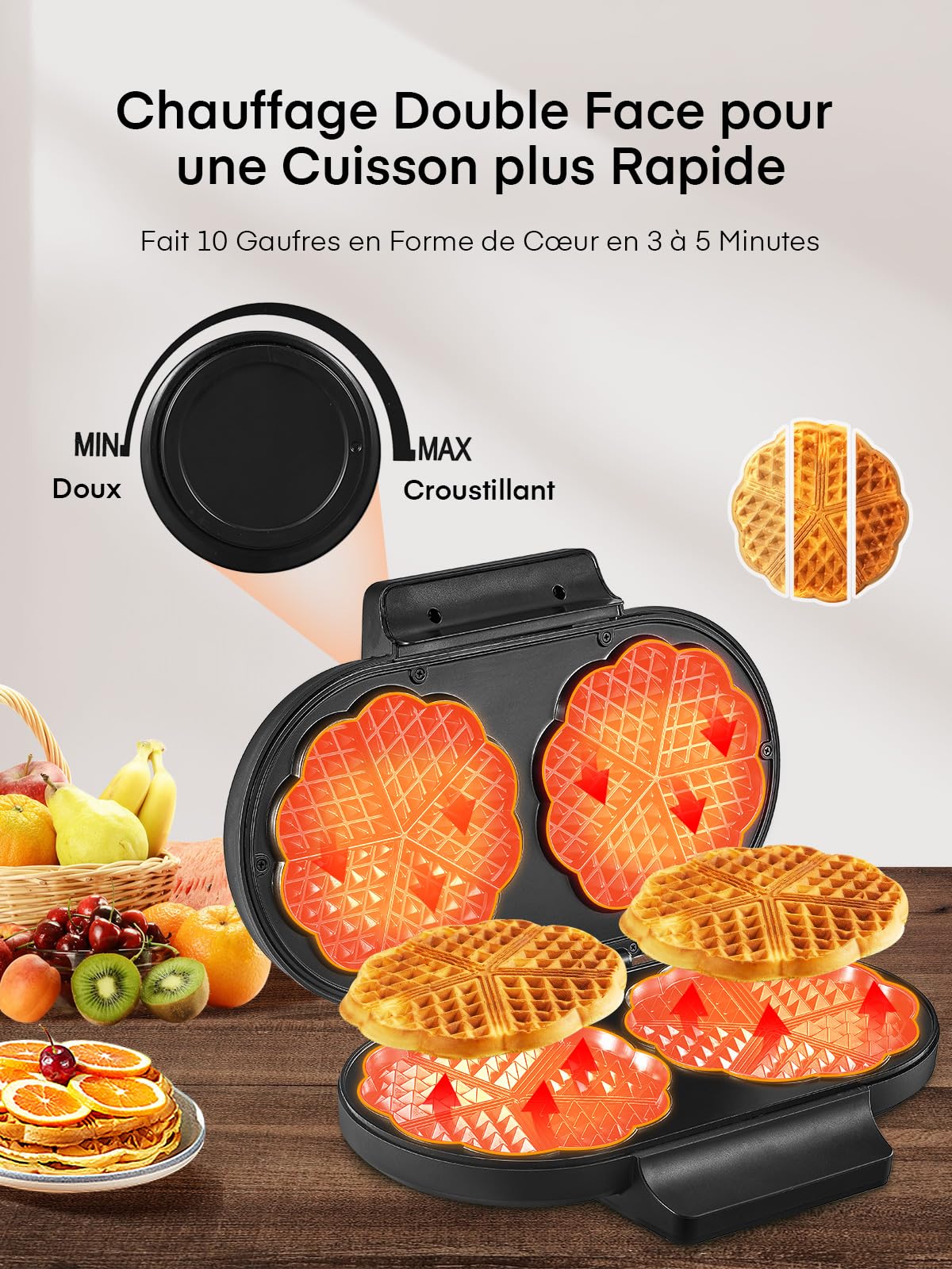 EMERIO Gaufrier Double Cœur 1200W - 10 Gaufres En Forme De Cœur, Régulateur De Température, Revêtement Antiadhésif Sans BPA