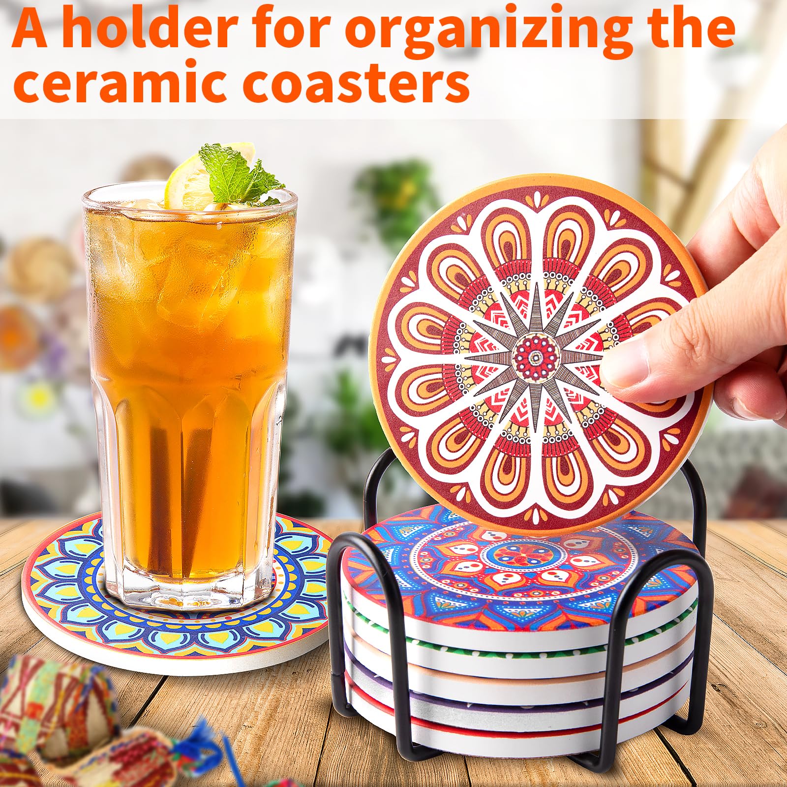 Boho Ceramic Drink Coasters with Holder - Set of 8 -4