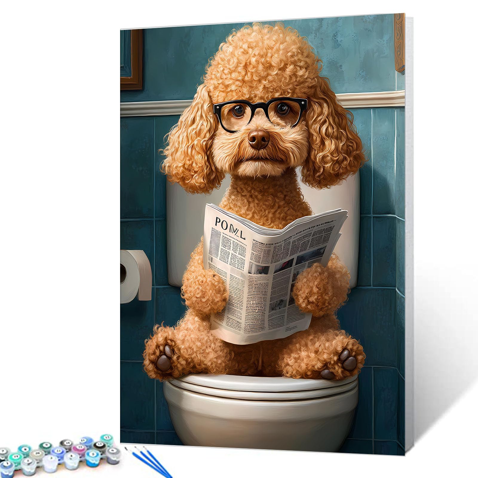 Light Brown Poodle Red Newspaper Paint by Numbers Wearing Glasses Canvas Oil Painting Kits for Adults Animal Sitting on the Toilet Digital Painting Craft Art Gift Home Wall Decor 16X20In(DIY Frame)