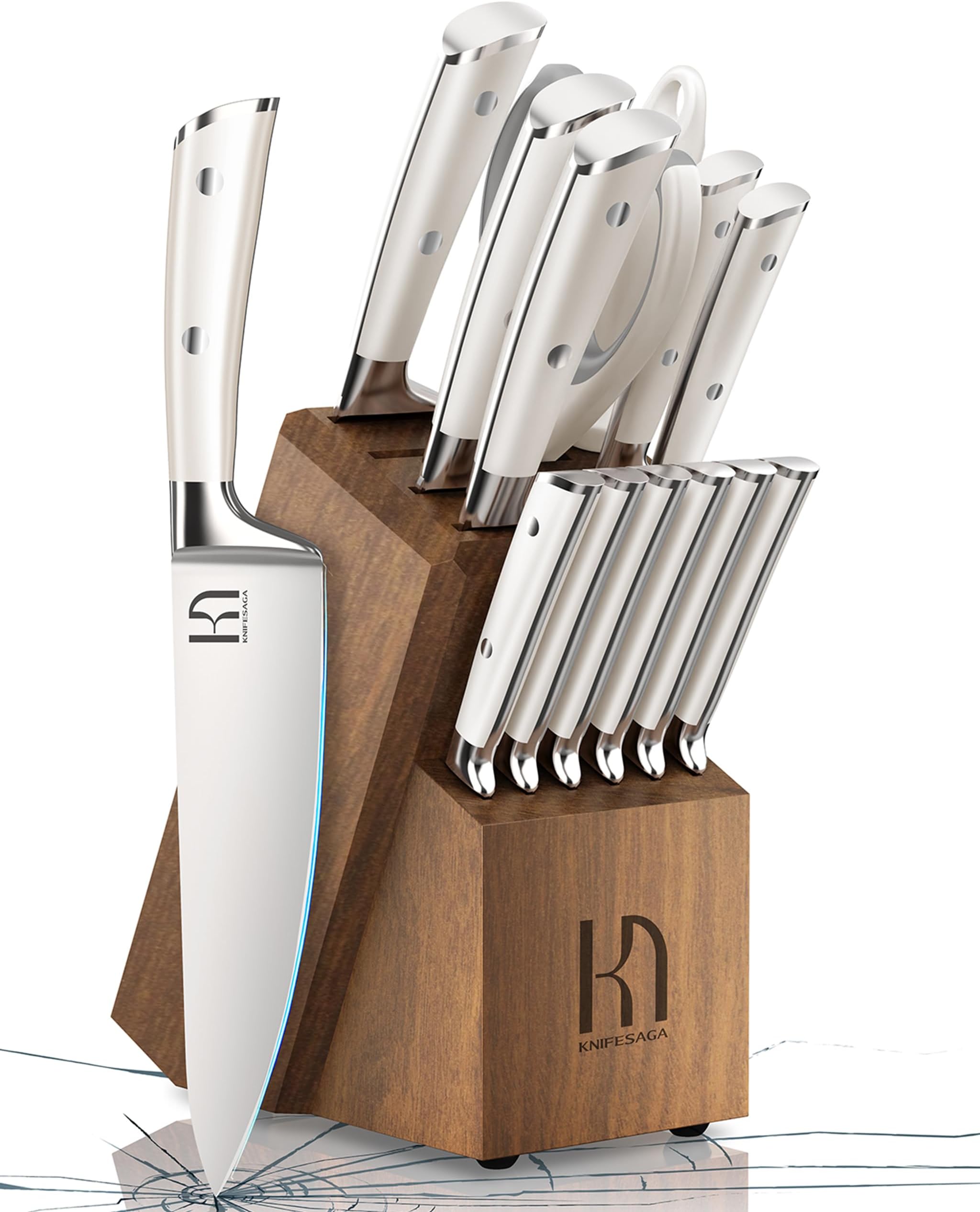 Knife Set, Premium 15 Piece Japanese High Carbon Stainless Steel Knives Set for Kitchen with Block and Sharpener, Razor Sharp Kitchen Knife Block Sets with Ergonomic Full-tang Handle, White