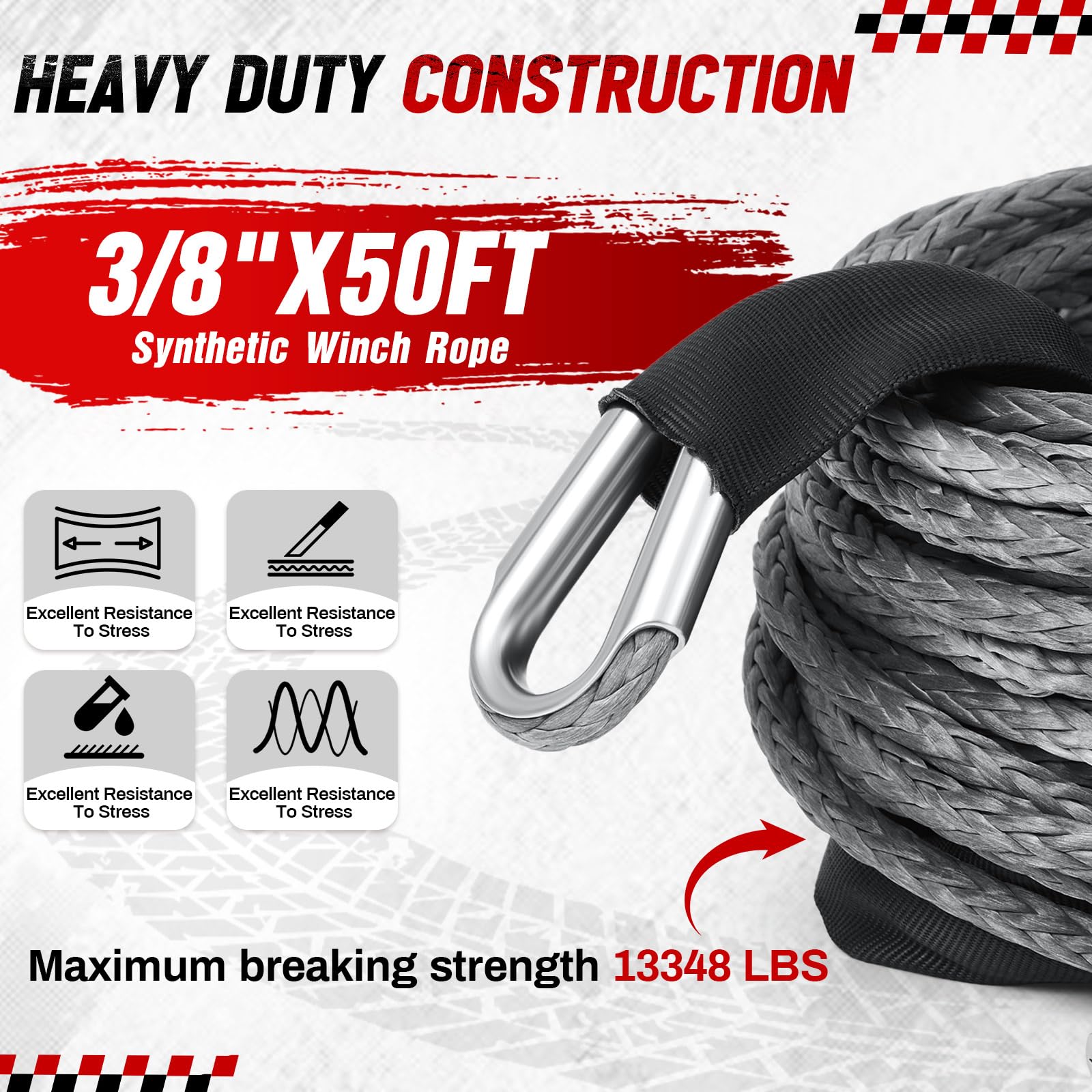 Extensión de cuerda sintética de cabrestante de 3/8 x 50 pies 26, 500 libras, extensión de línea de cable sintético gris con funda protectora para vehículos todoterreno, ATV, UTV, camión, etc