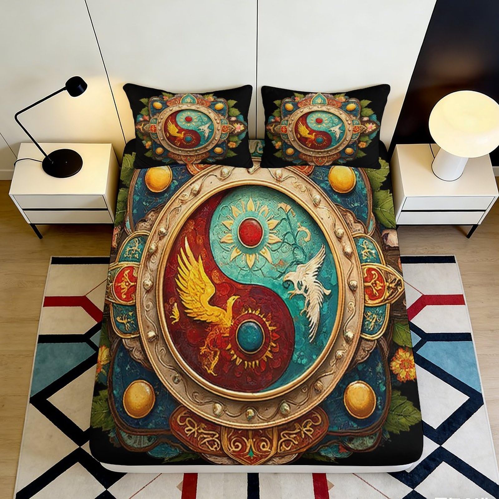 3D Printed Yin Yang Dragon Fitted Sheet Microfiber Soft Decorative Phoenix Mattress Cover for Bedroom Dorm Home 90x200x25cm