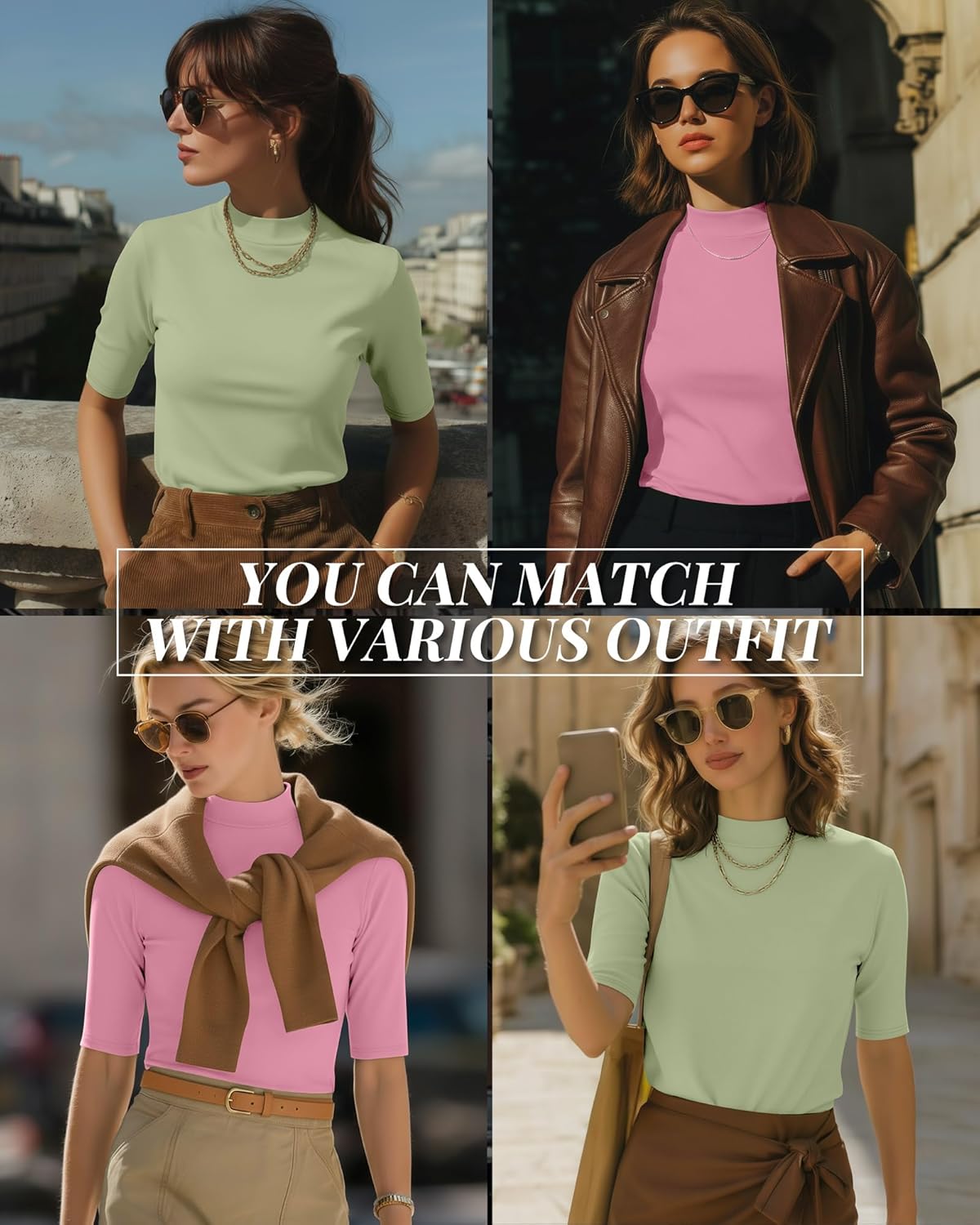 Ficerd 2 Pack Women's Mock Turtleneck T Shirts, Half Sleeve Business Casual Tunic Tops Slim Fit Summer Basic Dressy Tee Shirt - Image 2