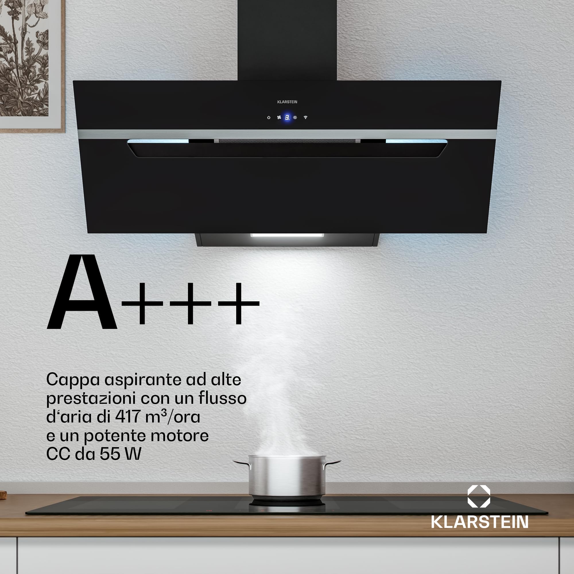 Klarstein BigBite Cappe Inclinate 90cm - Cappa Angolare, 417 m³/h Boost, Touch, LED, A+++, 3 Velocità, Filtro Carbone, Scarico & Ricircolo, Design Vetro, Cappa Cucina Moderna, Nero