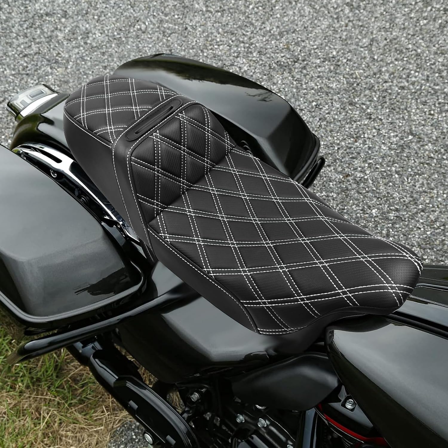 Motorcycle Seat Upgraded One-Piece Driver and Passenger Seat with Diamond Pattern Stitching Fit for Harley Touring Electra Glide 1997-2007 Road Glide 1998-2007(White Diamond Stitching)