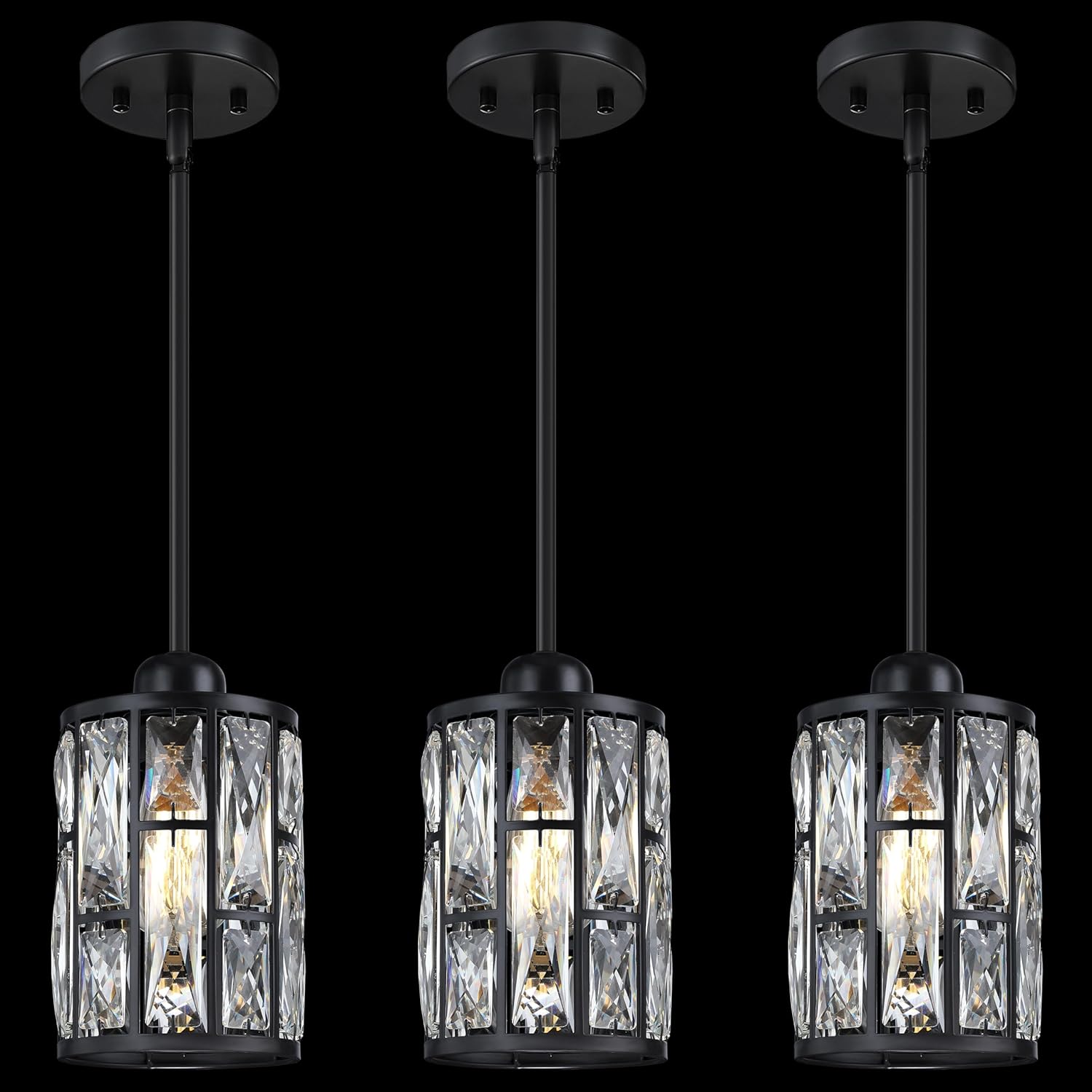 3 Pack 1 Light Hanging Kitchen Island Modern Concise 5.3" Crystal Pendant Light Fixture,Crystal Metal Chandelier Shade Black Finish for Bar,Dining Room,Living Room Over Sink