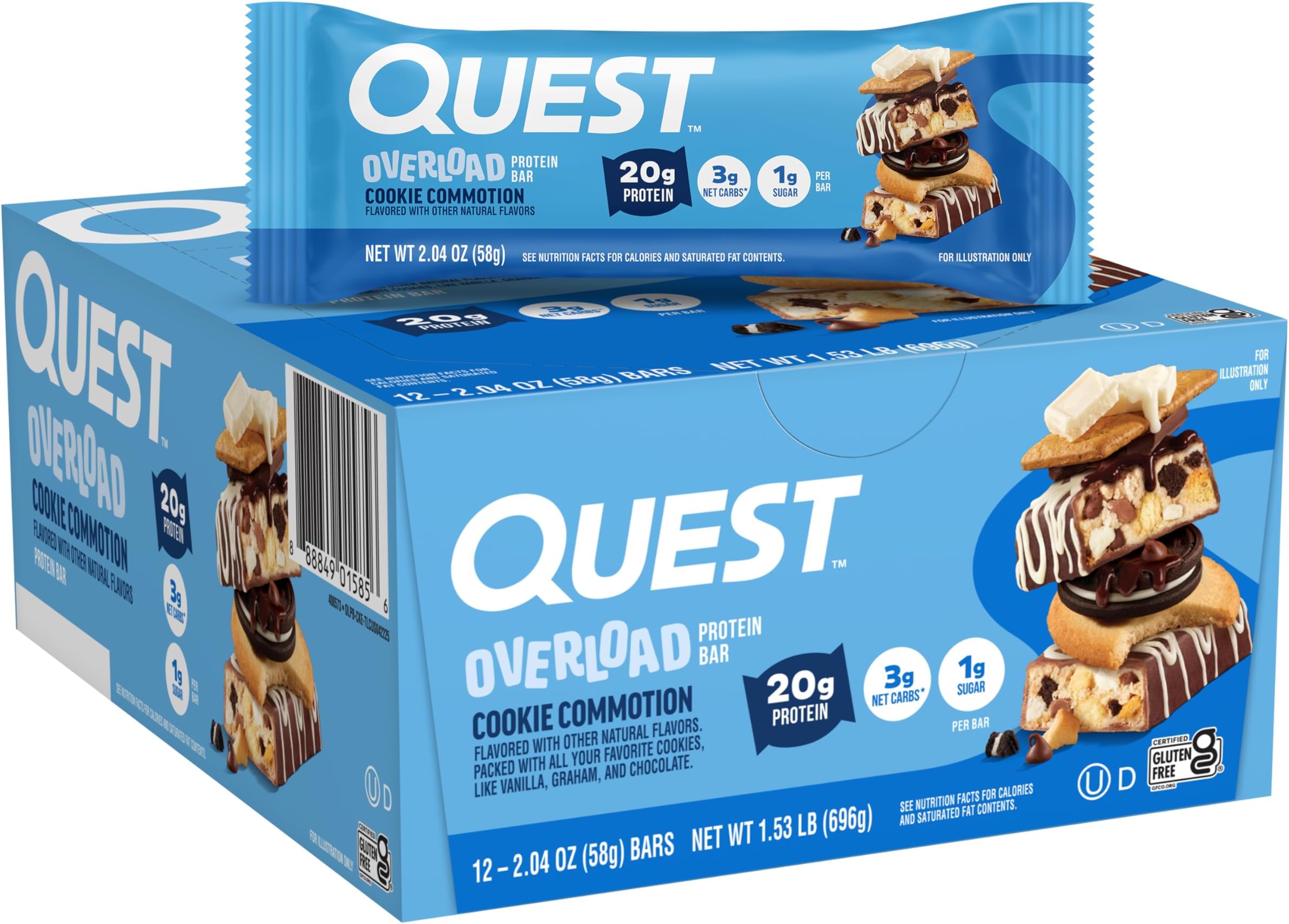 Nutrition Overload Protein Bars, Cookie Commotion, 20g Protein, 1g Sugar, 3g Net Carbs, Gluten Free, 12 Count