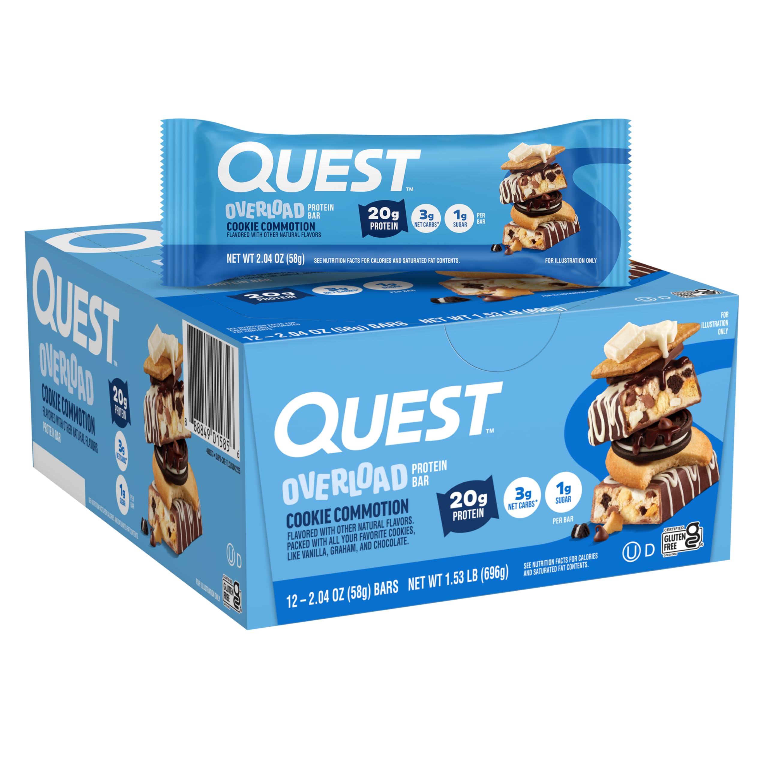 Quest Nutrition Overload Protein Bars, Cookie Commotion, 20g Protein, 1g Sugar, 3g Net Carbs, Gluten Free, 12 Count