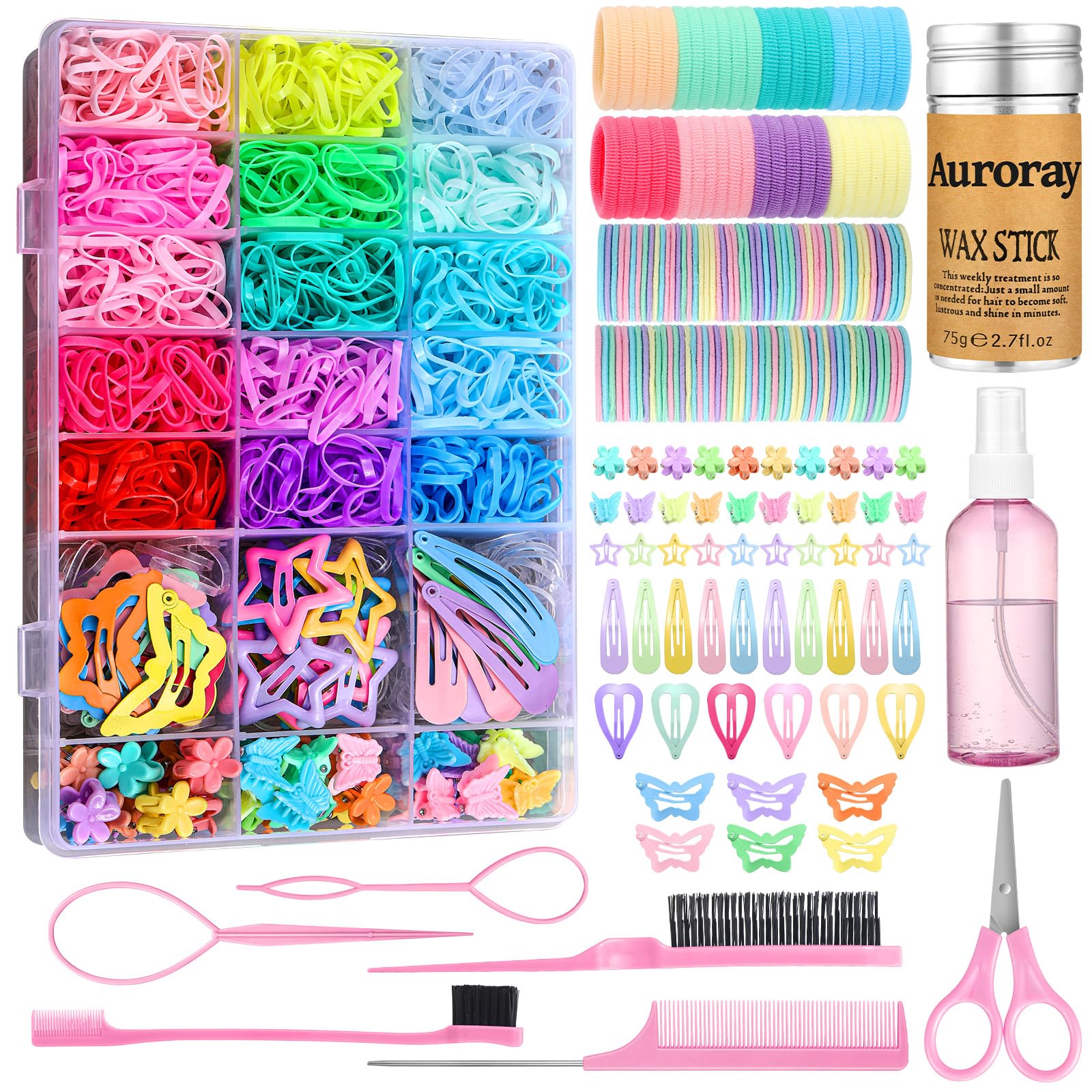 auroray Hair Accessories for Girls, 1700 Pcs Colorful Hair Rubber Bands Elastic Hair Ties Hair Clips Hair Wax Stick Spray Bottle Hair Styling Tools with Organizer Box
