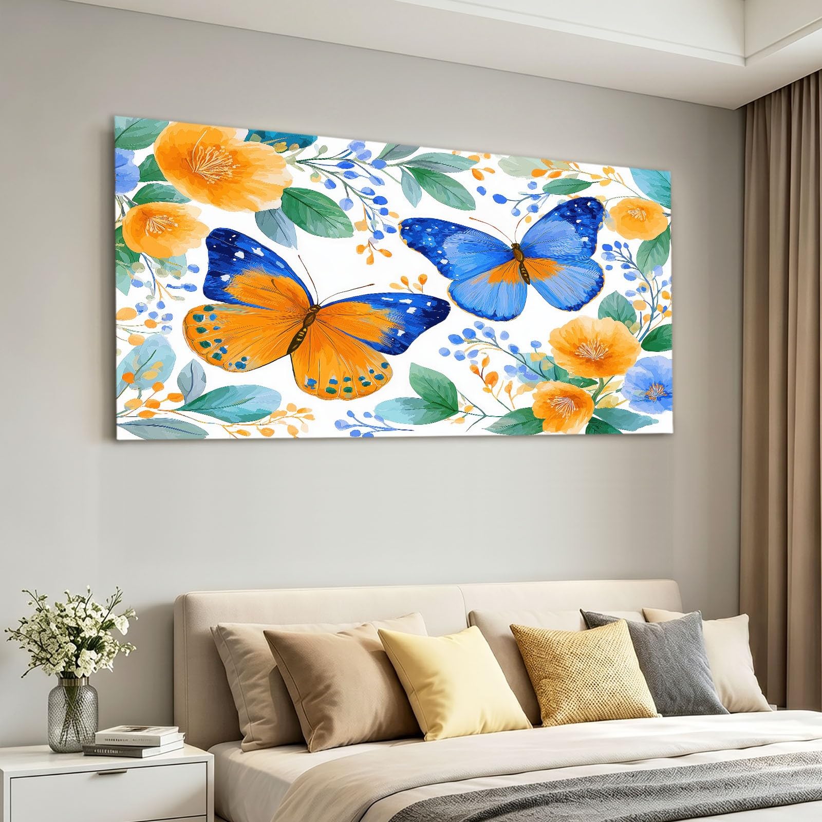 Obraz ścienny w stylu duszpasterskim, obraz na płótnie - ściana na płótnie 120 x 60 cm, nadruk na płótnie z kwiatami, rośliną, motylem, oprawiona sztuka ścienna do salonu i sypialni, dekoracja ścienna