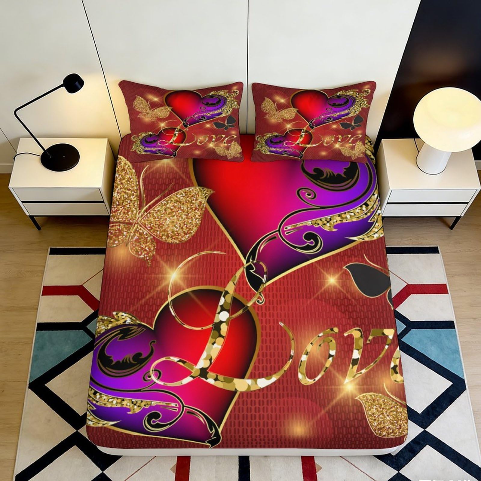 3D Printed Red Love Heart Fitted Sheet Microfiber Bedroom Decor Gold Sparkle Mattress Cover for Adults Youth 90x200x25cm