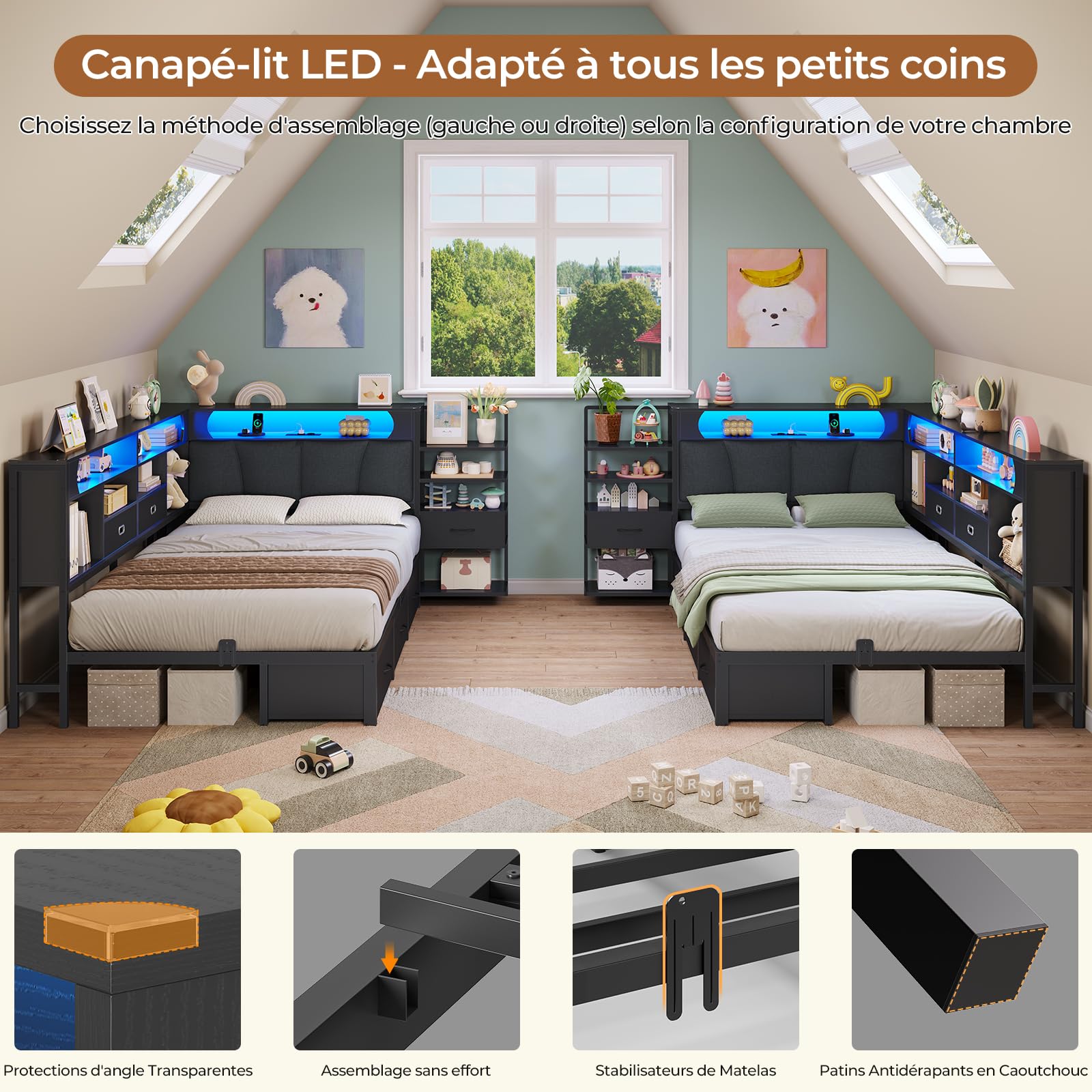DICTAC Lit 90x190 en L – Banquette-Lit 1 Place avec Tête de Lit Capitonnée (Rangement Secret + Table de Nuit Intégrée), LED RGB & Recharge | Idéal pour Studio & Chambre (Noir)