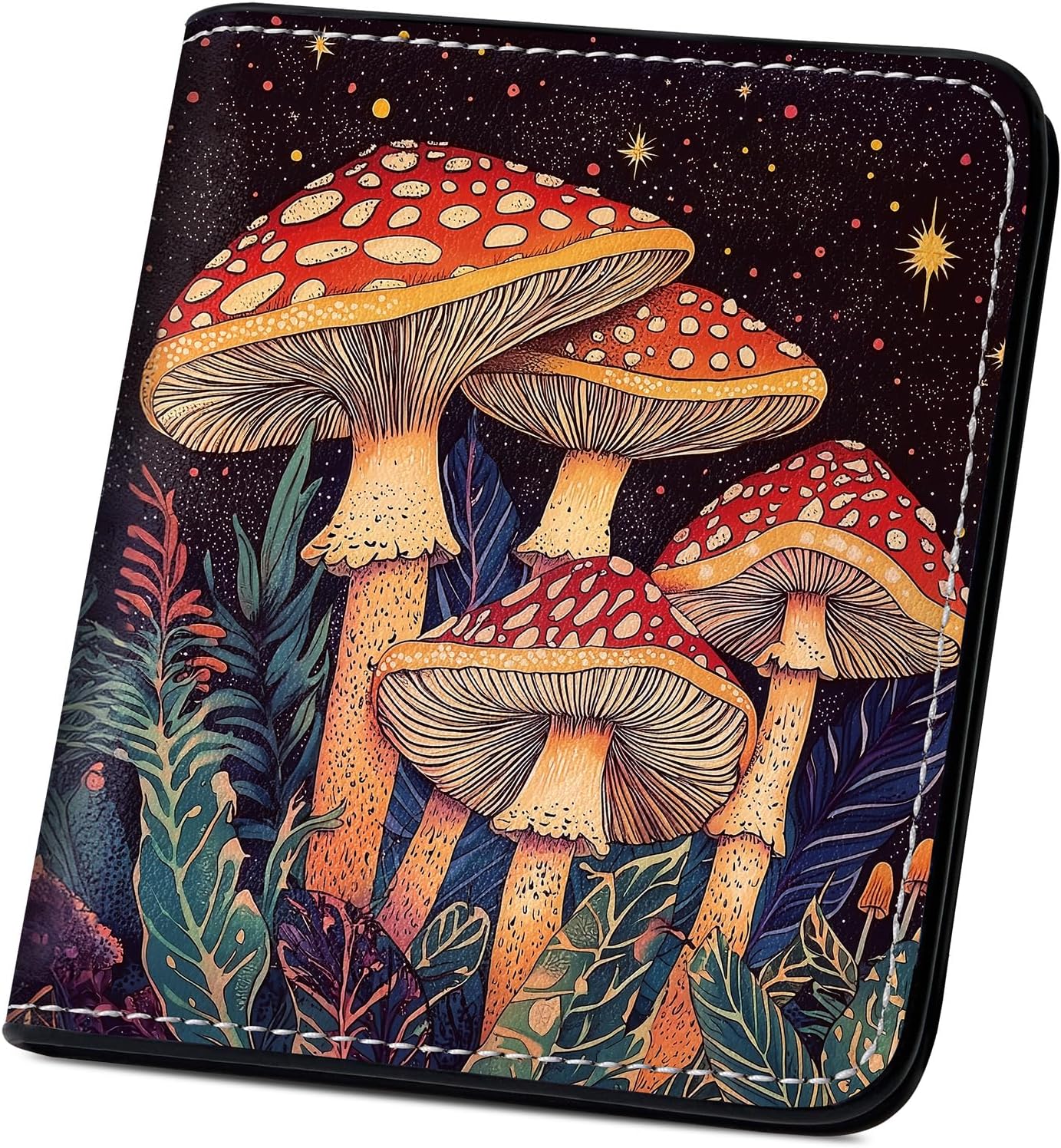 Toughergun Mushroom Night RFID Small Wallet Women, Cute Luxury Leather Cash Credit Card Holder with Zipper Coin Pocket & ID Window, Bifold Mini Compact Purse for Female Women Ladies Teen Girls