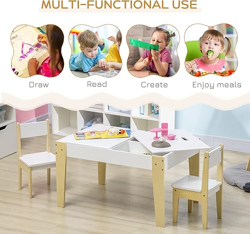 Miniatura 3 de Qaba Juego de mesa y silla para niños de 3 piezas con almacenamiento debajo de la mesa, mesa de actividades y 2 sillas, mesa de dibujo para niños