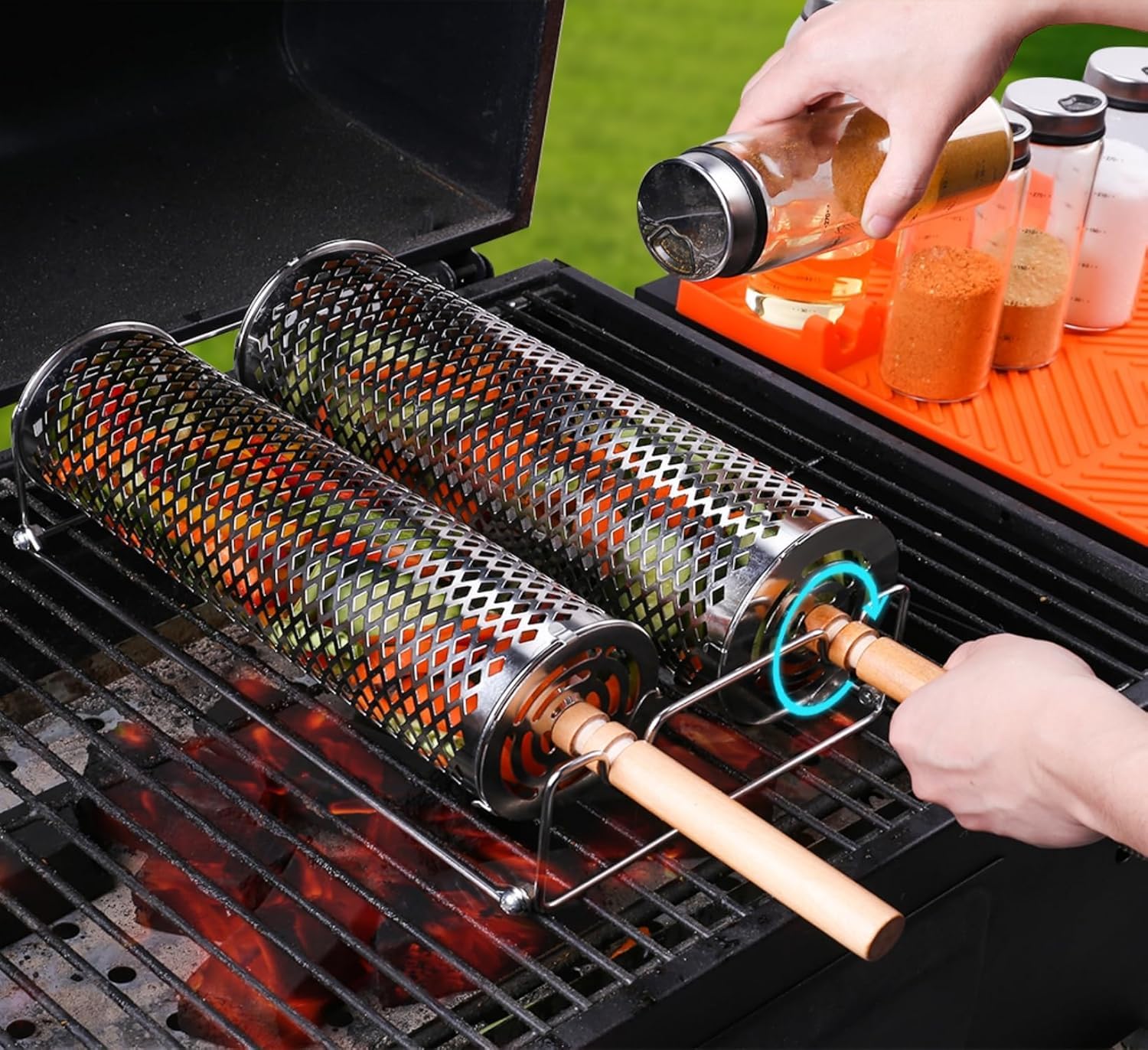Zestaw do grillowania premium z obrotowymi koszami, narzędziami i szczotką do czyszczenia, stal nierdzewna 304, idealny do grilla na węgiel drzewny, gazowy i elektryczny, akcesoria do grilla