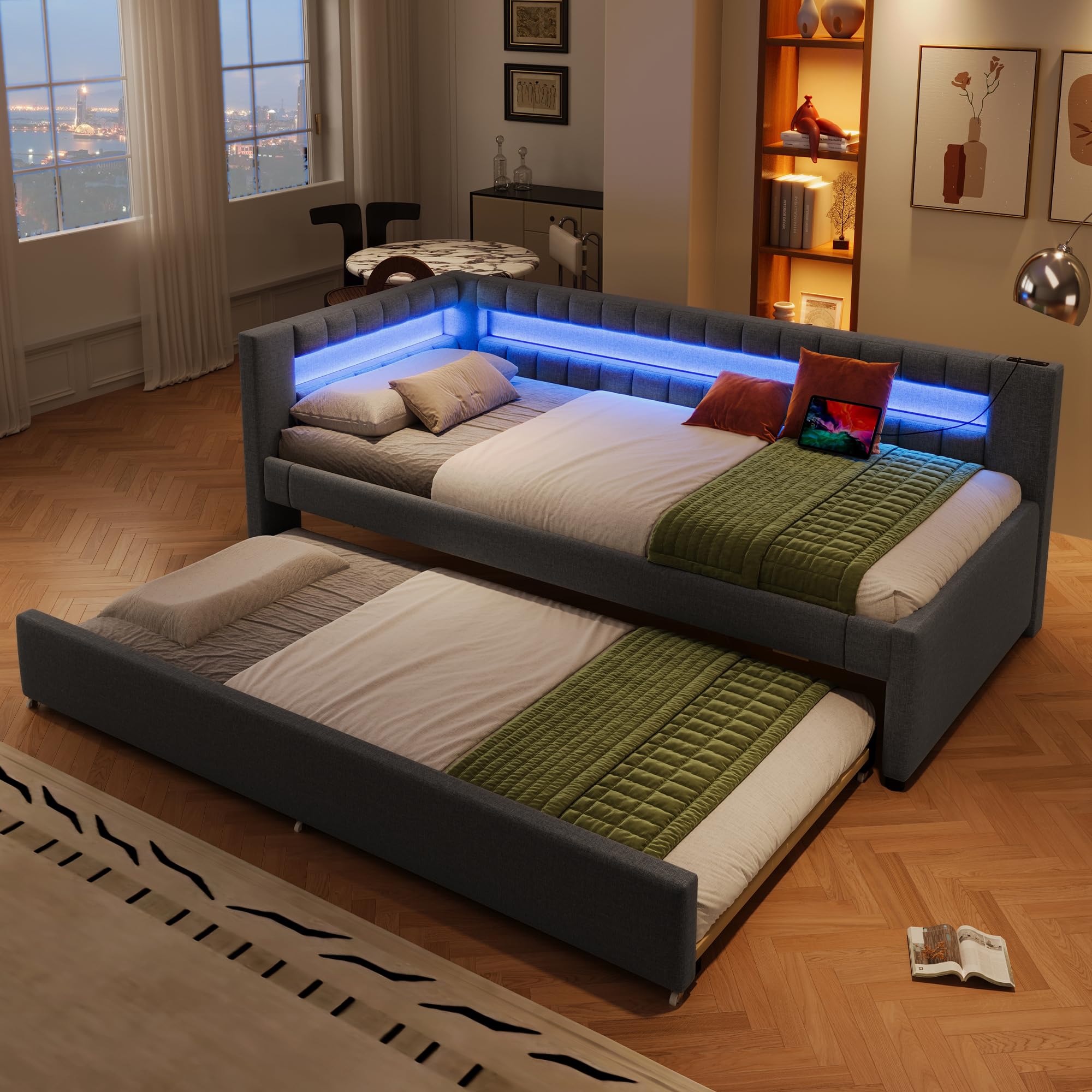 Soweiz Sofá cama, cama tapizada, cama con barra de luz LED con control remoto en el pie de la cama, cama con cama desplegable sin colchón, USB + Type-C, lino (Gris, 90x200cm)